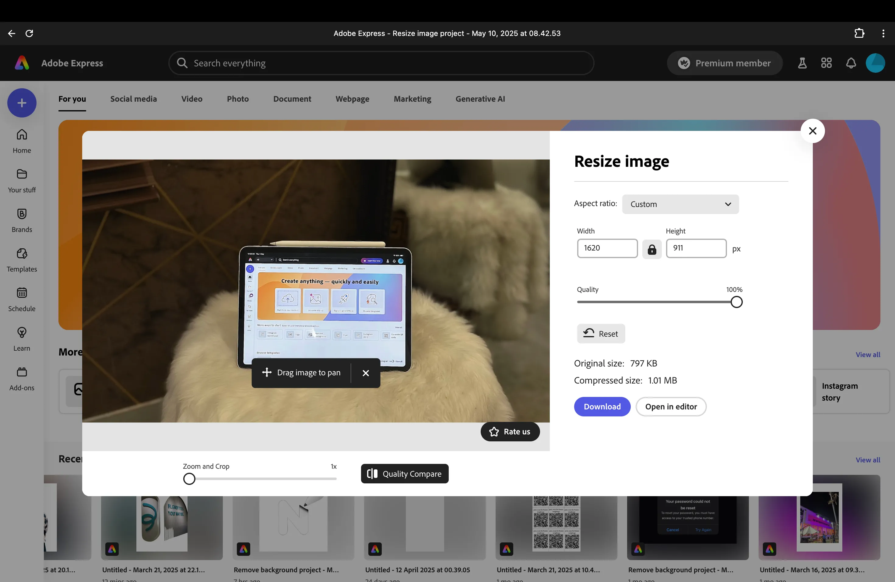 Tính năng Quick Action &quot;Resize image&quot; trong Adobe Express với các tùy chọn thay đổi kích thước ảnh.
