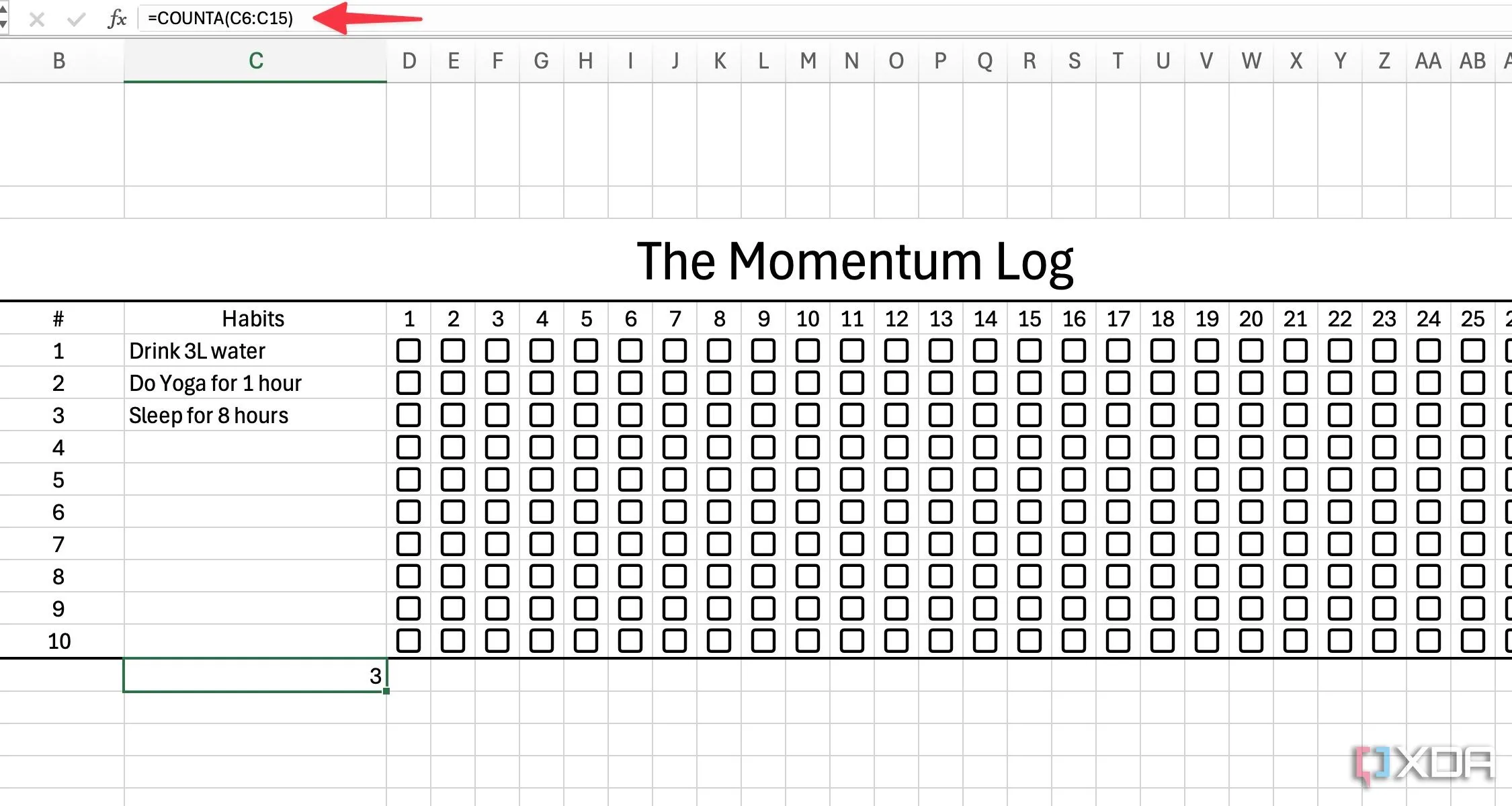 Tính toán số lượng thói quen trong Excel