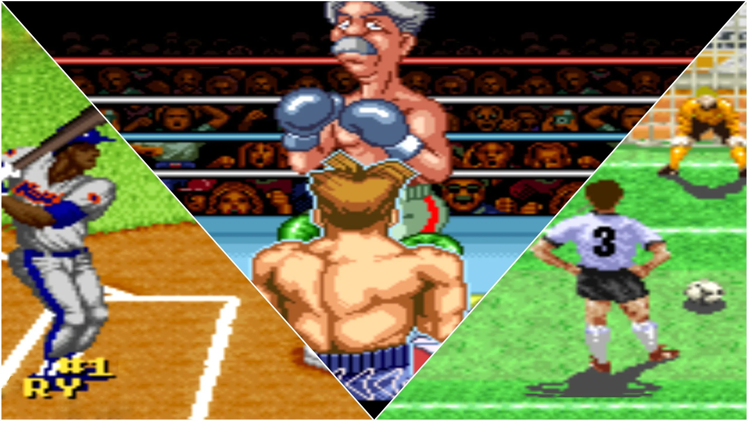 Tổ hợp ba hình ảnh về những tựa game thể thao kinh điển hay nhất trên hệ máy Super Nintendo (SNES).