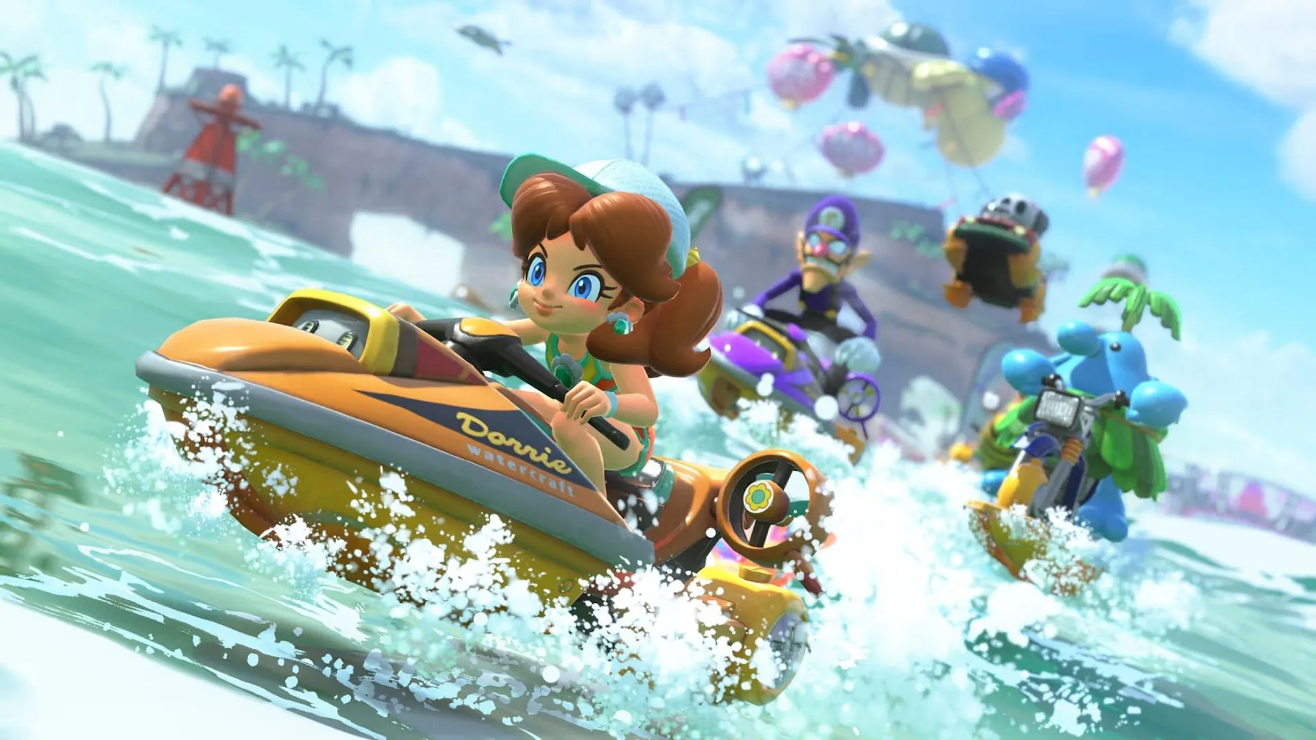 Toad đang dẫn đầu đoàn đua trên một đường đua độc đáo trong thế giới mở của Mario Kart World
