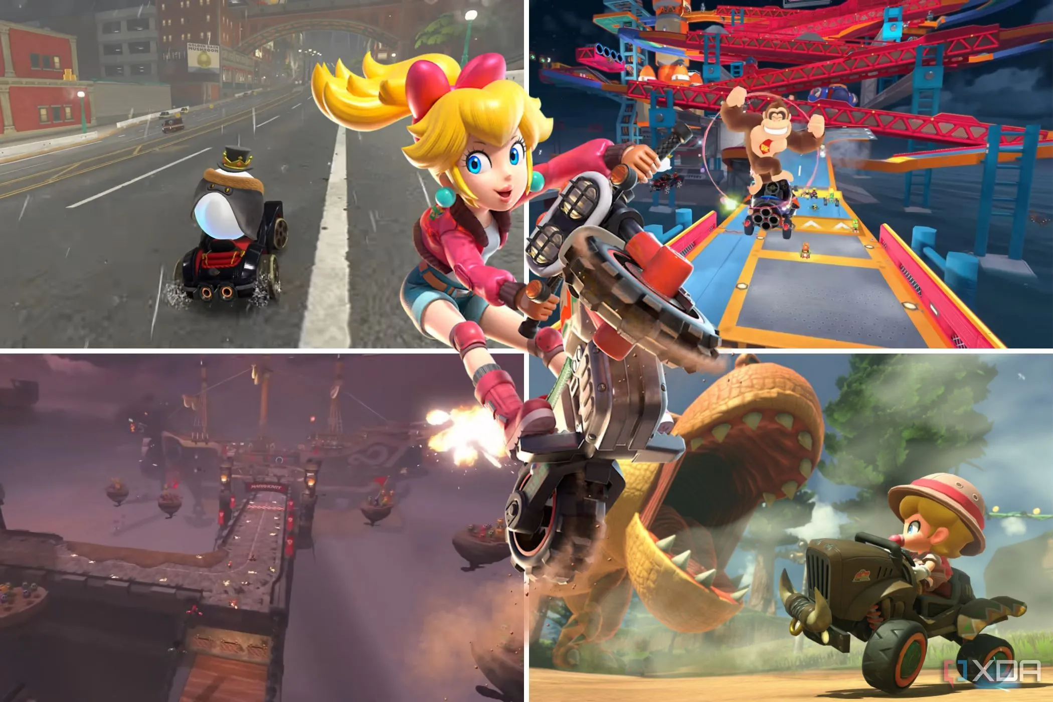 Tổng hợp các đường đua Mario Kart World với công chúa Peach ở phía trước, một thế giới đua xe đầy màu sắc.