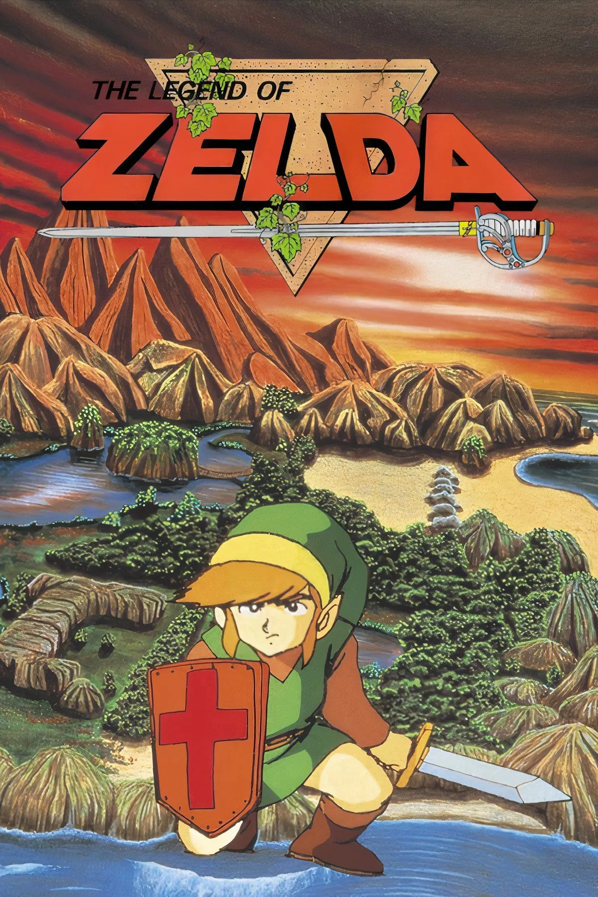 Tổng hợp các khoảnh khắc từ game The Legend of Zelda bản NES, thể hiện đồ họa pixel cổ điển và thế giới mở.