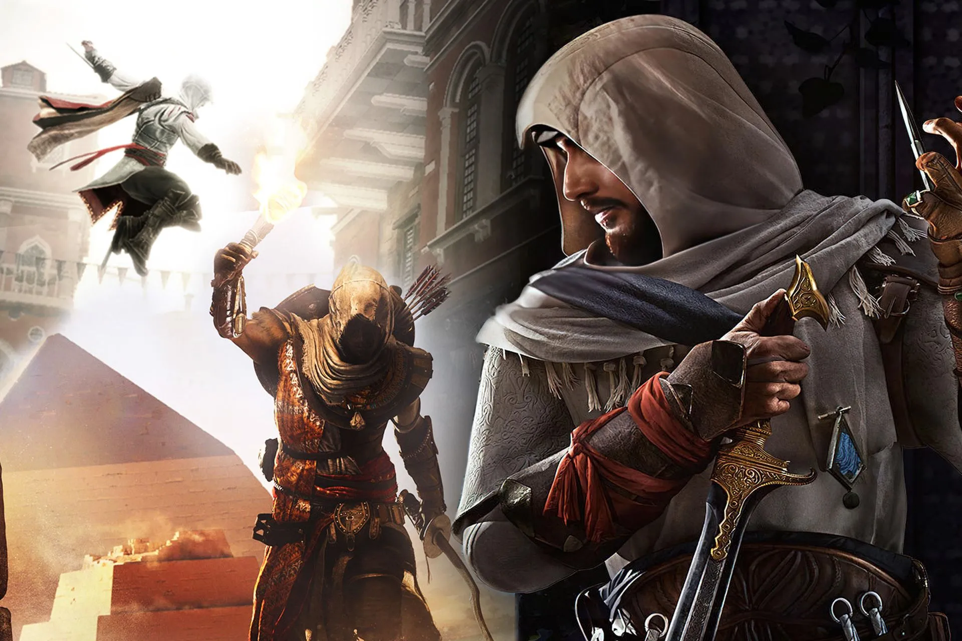 Tổng hợp các nhân vật Assassin nổi tiếng như Ezio, Bayek và Basim, đại diện cho các thời kỳ lịch sử đa dạng trong series Assassin's Creed