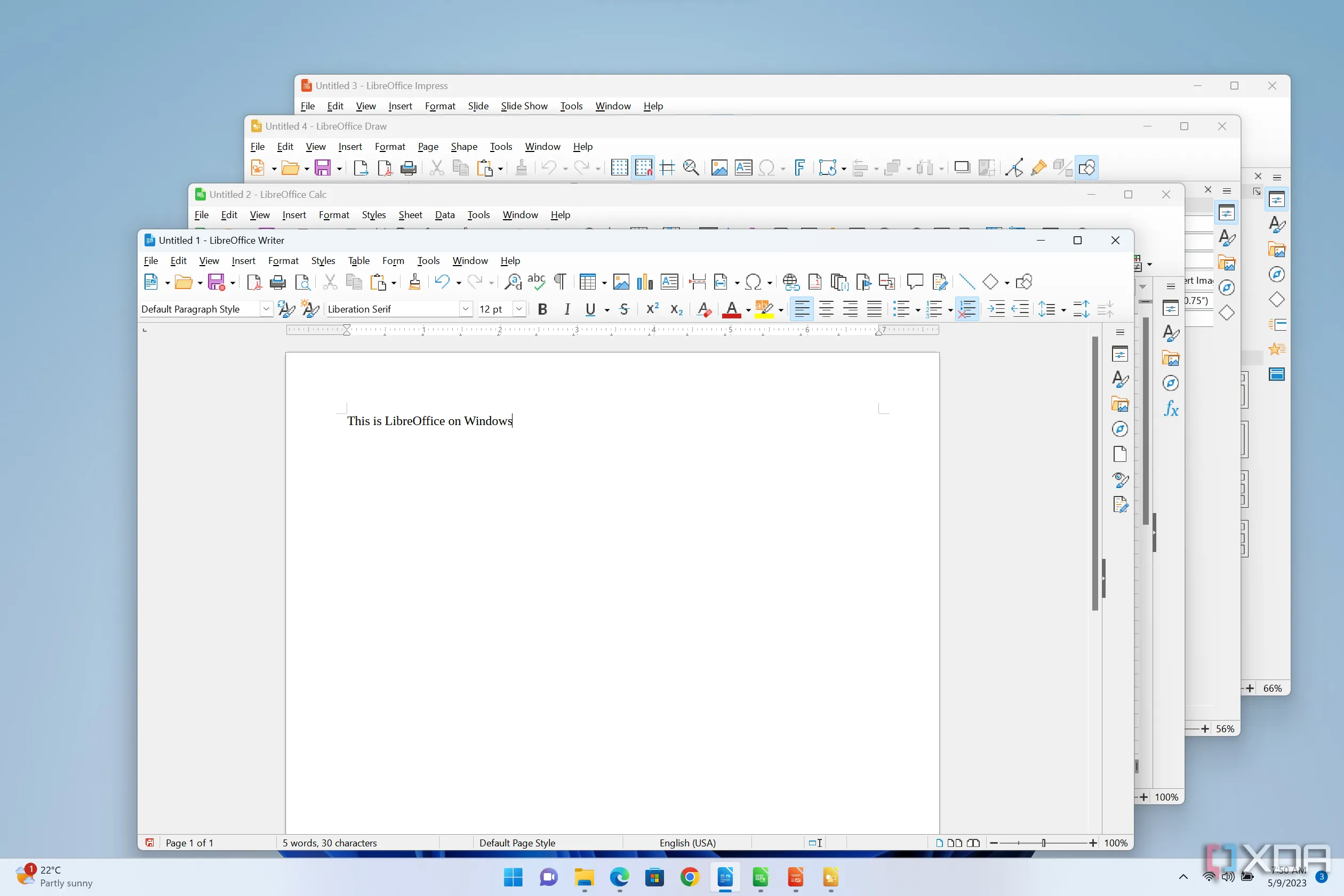 Tổng quan giao diện các ứng dụng LibreOffice Writer, Calc, Impress và Draw chạy trên hệ điều hành Windows 11