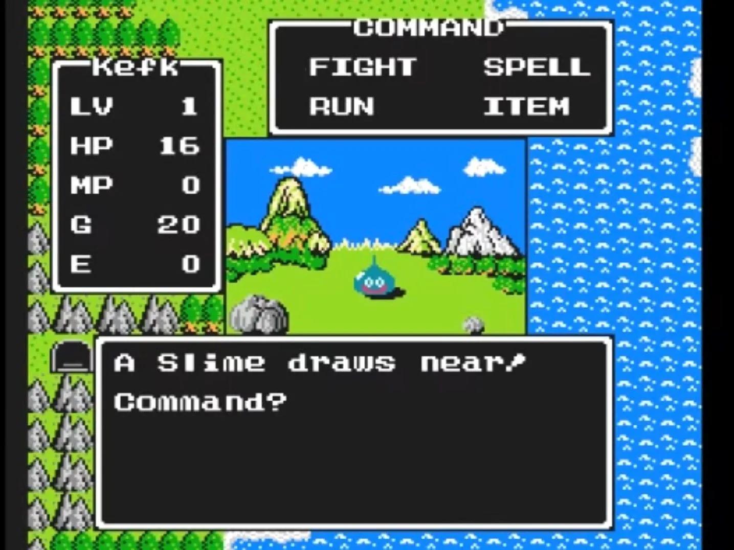 Trận chiến trong Dragon Warrior trên NES, chiến binh đối đầu quái vật slime, minh họa cơ chế RPG và cày cấp