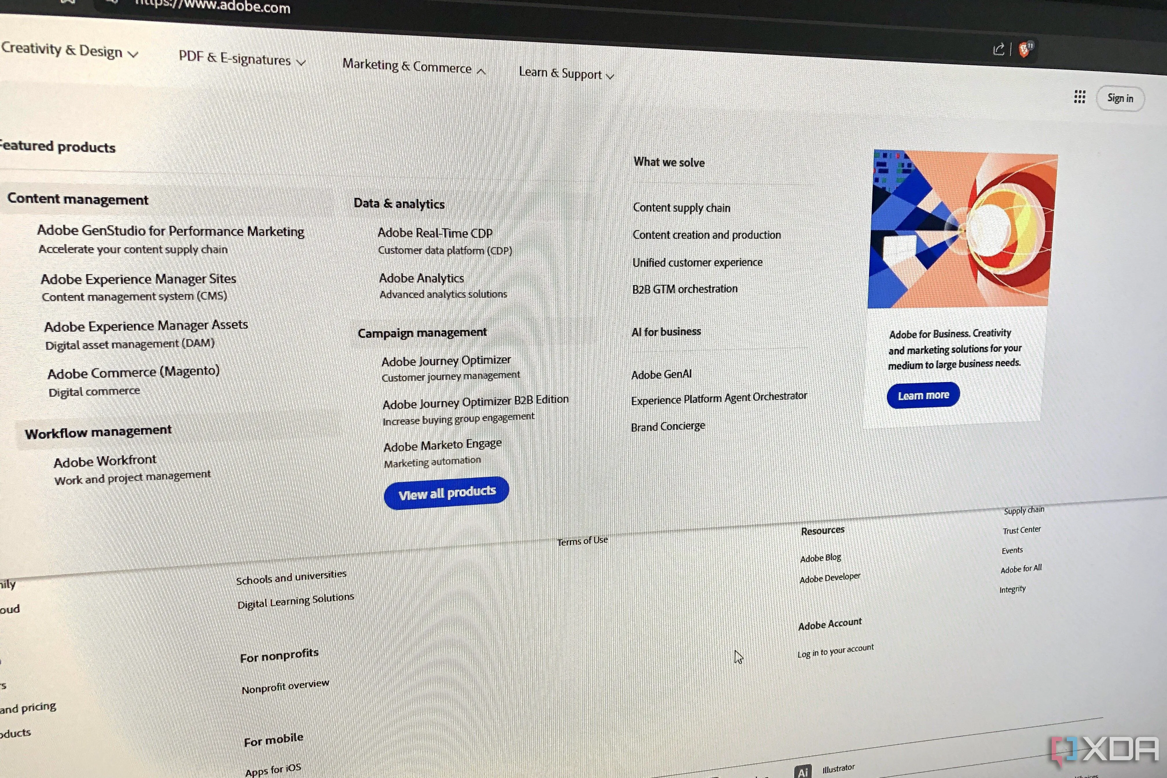 Trang Adobe Marketing and Commerce hiển thị các giải pháp tiếp thị và thương mại