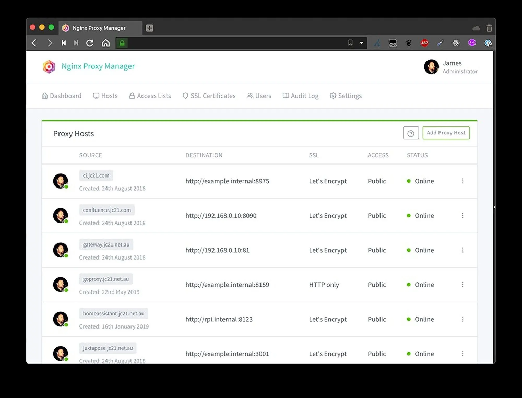 Trang cấu hình Nginx Proxy Manager, hiển thị danh sách các máy chủ proxy đang hoạt động
