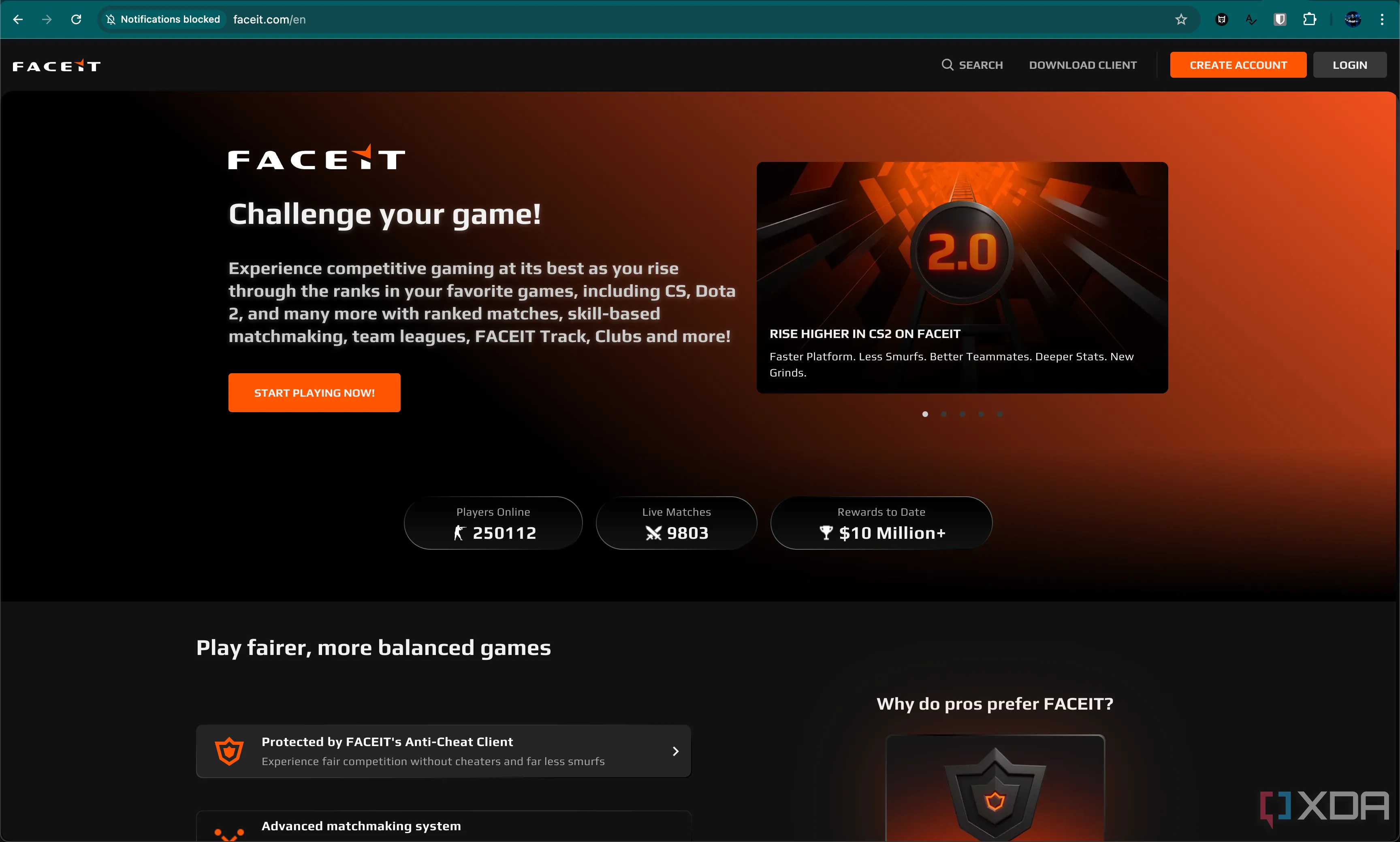 Trang chủ của nền tảng matchmaking Faceit, một lựa chọn để cải thiện kỹ năng Counter-Strike 2