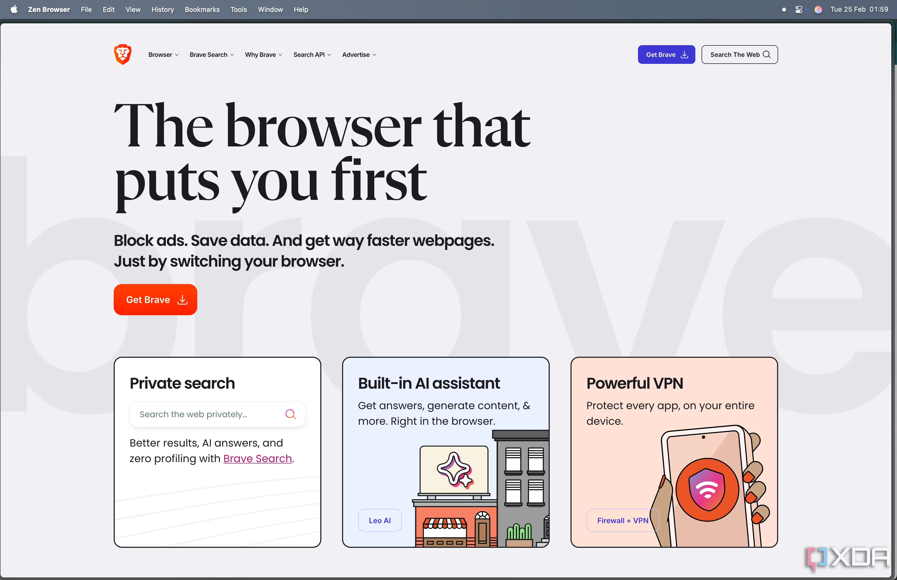 Trang chủ của trình duyệt Brave hiển thị các module thông tin và quảng bá các tính năng như VPN, Rewards.