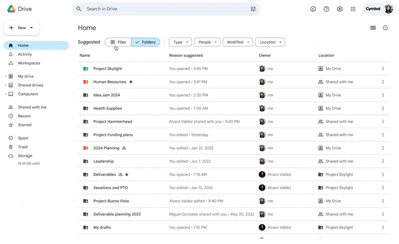 Trang chủ mới của Google Drive hiển thị các tệp và thư mục được sắp xếp trên nền tảng đám mây