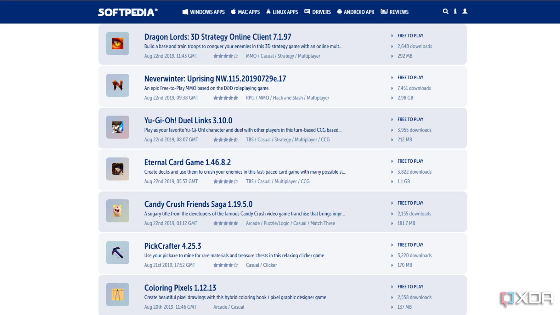 Trang game miễn phí của Softpedia, hiển thị danh sách các tựa game có thể tải về máy tính.