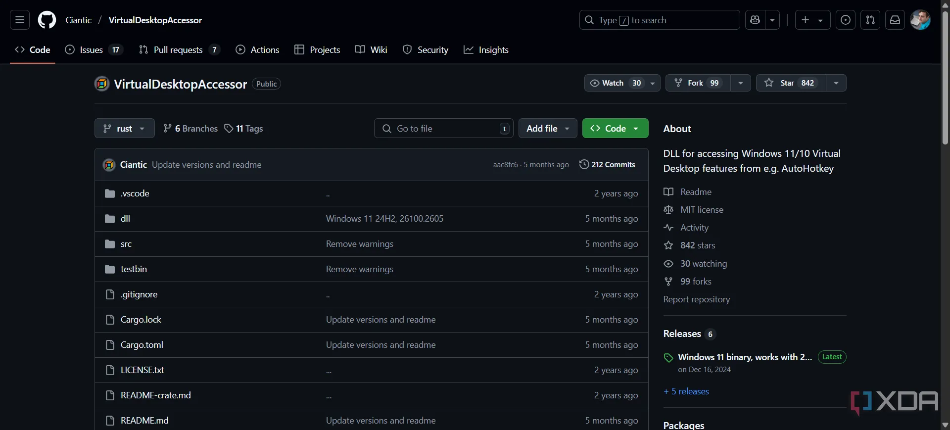 Trang GitHub của dự án VirtualDesktopAccessor dành cho máy tính ảo Windows.