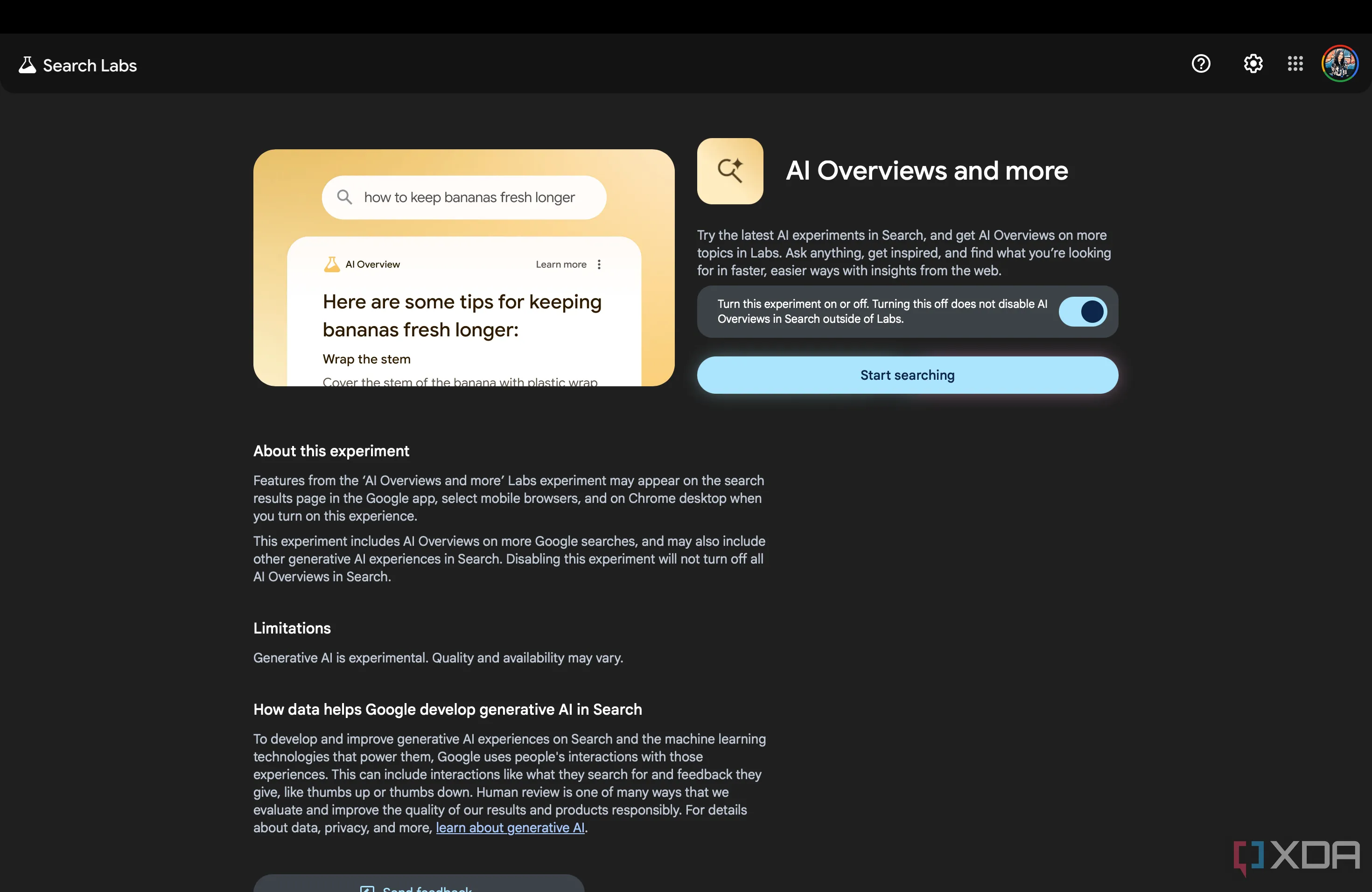 Trang Google Labs hiển thị tùy chọn bật các thử nghiệm AI Overviews và Audio Overviews cho tìm kiếm
