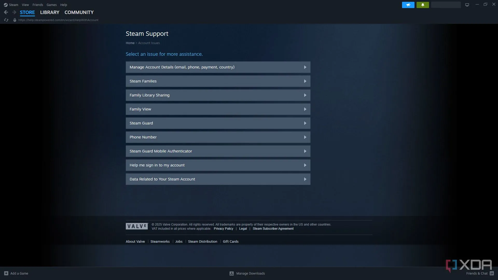 Trang Hỗ trợ Steam trong ứng dụng client với các tùy chọn đa dạng để giải quyết vấn đề của người dùng