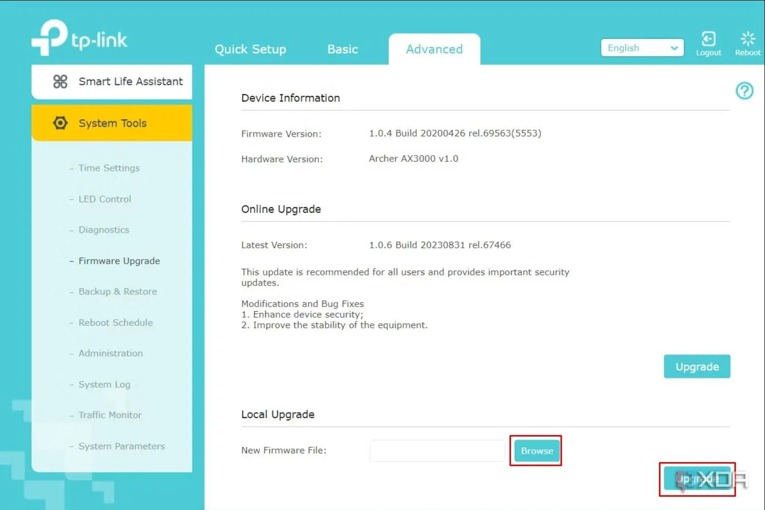 Trang quản trị router TP-Link với tùy chọn nâng cấp firmware được đánh dấu