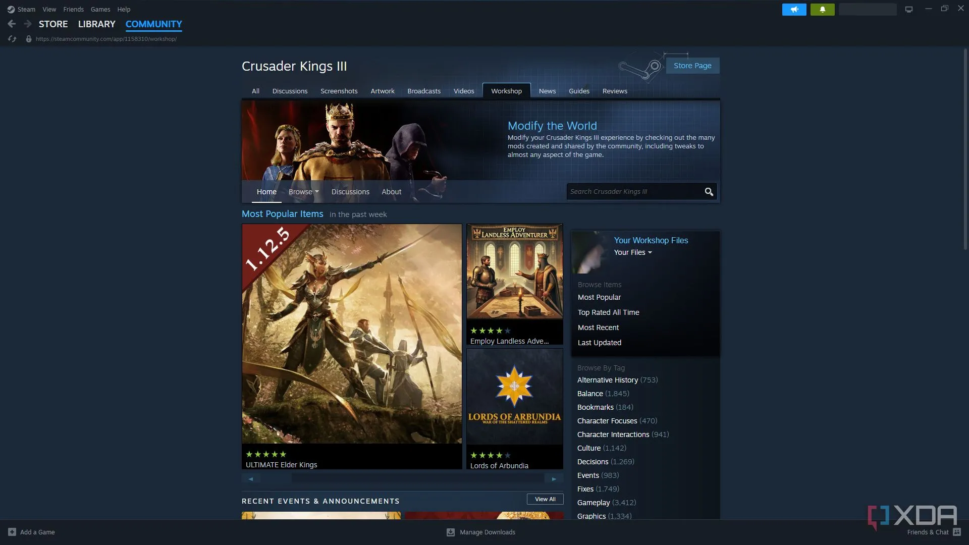 Trang Steam Workshop của tựa game Crusader Kings 3 hiển thị các bản mod phổ biến