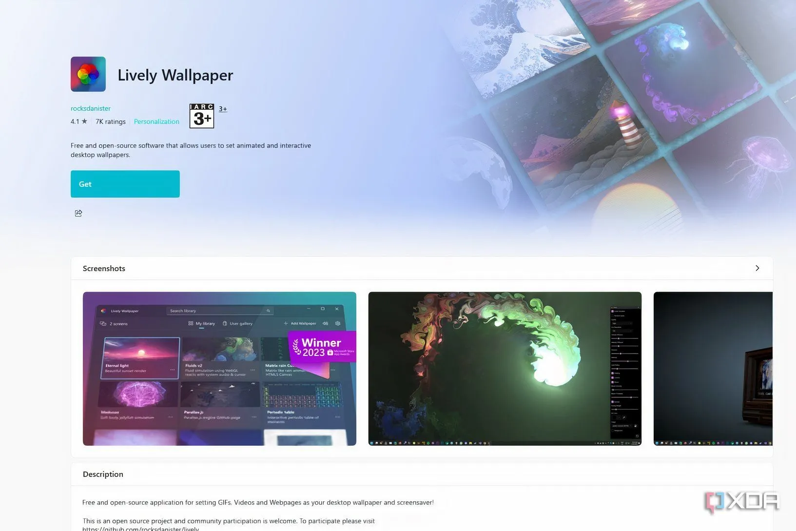 Trang tải xuống Lively Wallpaper trên Microsoft Store, nhấn mạnh tính miễn phí
