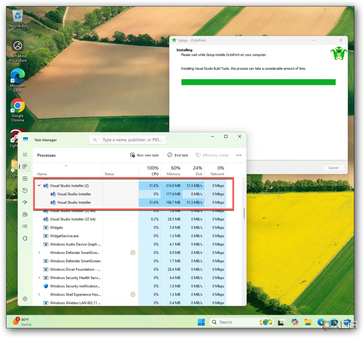 Trạng thái chờ trong quá trình cài đặt công cụ Build Tools của Visual Studio cho OctoPrint