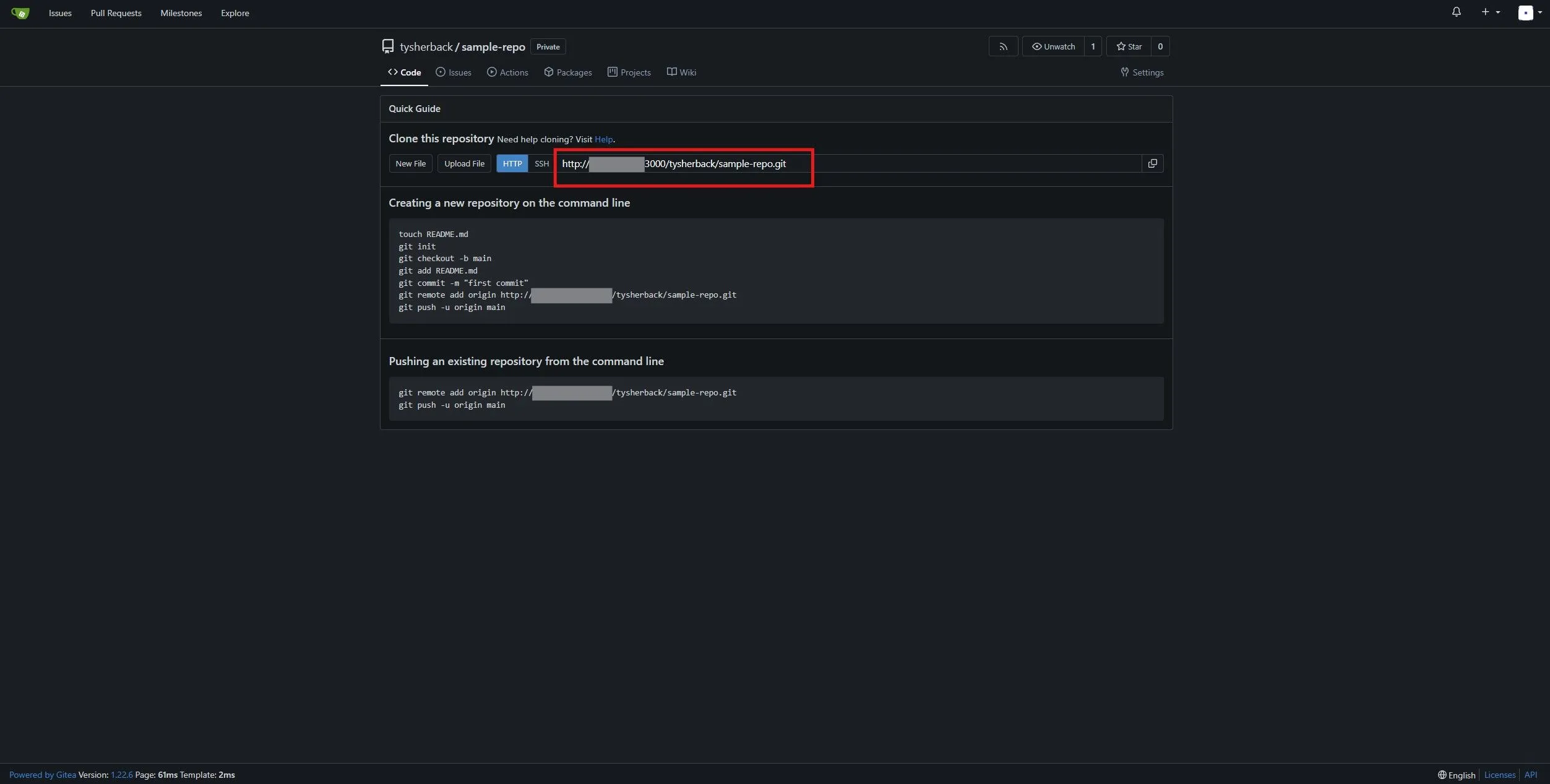 Trang thông tin repository đã tạo, hiển thị URL để kết nối với Git client
