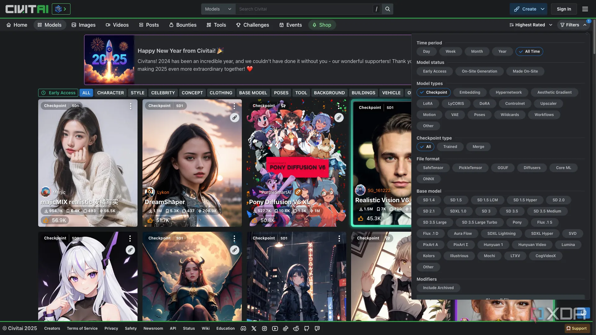 Trang web Civitai với các bộ lọc tìm kiếm mô hình Stable Diffusion