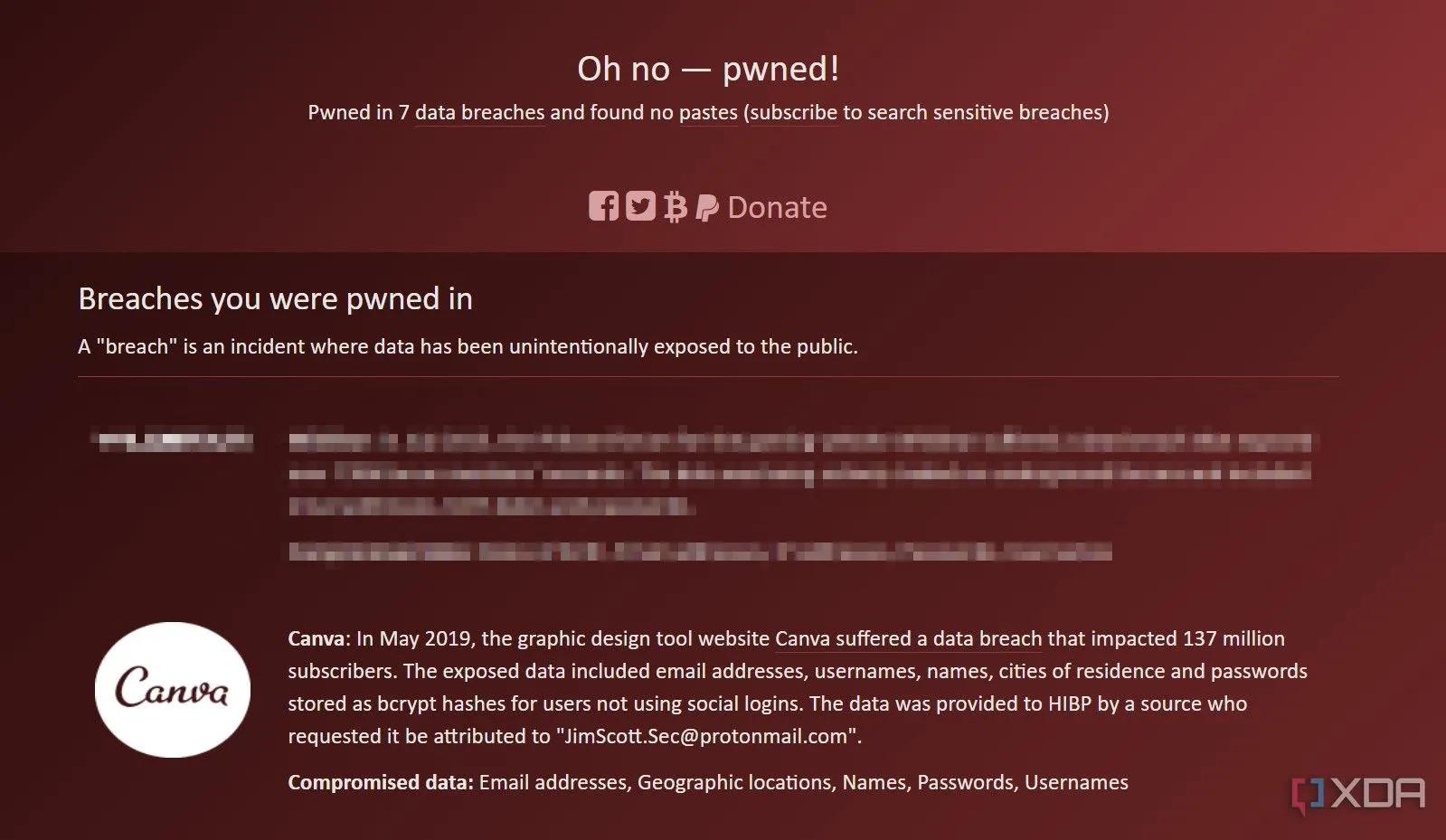 Trang web HaveIBeenPwned hiển thị kết quả kiểm tra email bị lộ trong vụ rò rỉ dữ liệu Canva