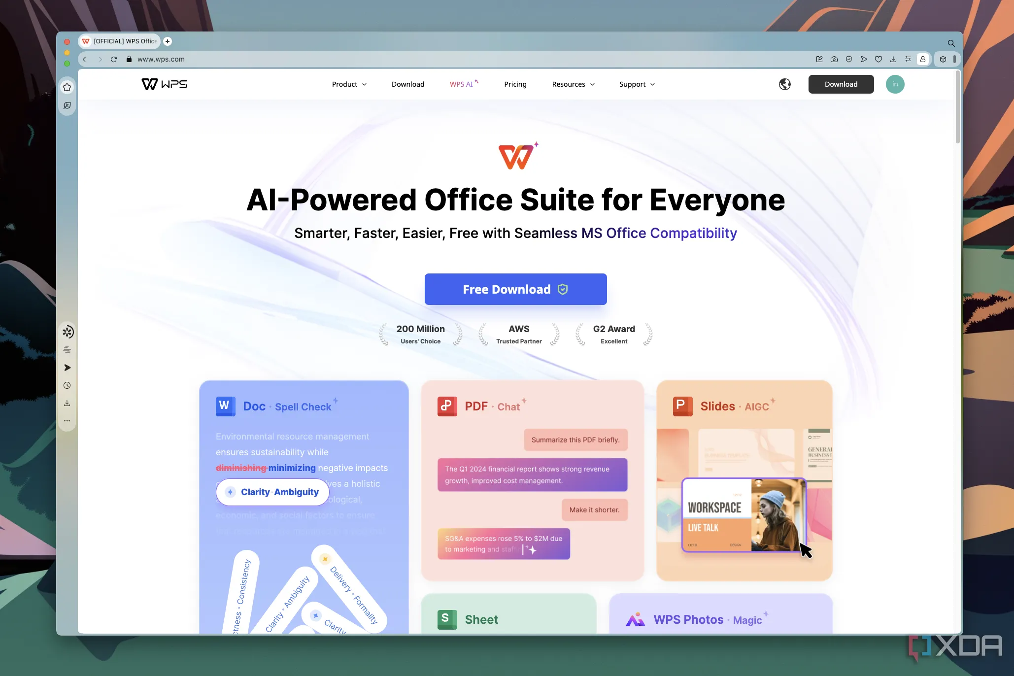 Trang web WPS Office hiển thị ứng dụng có thể tải về miễn phí