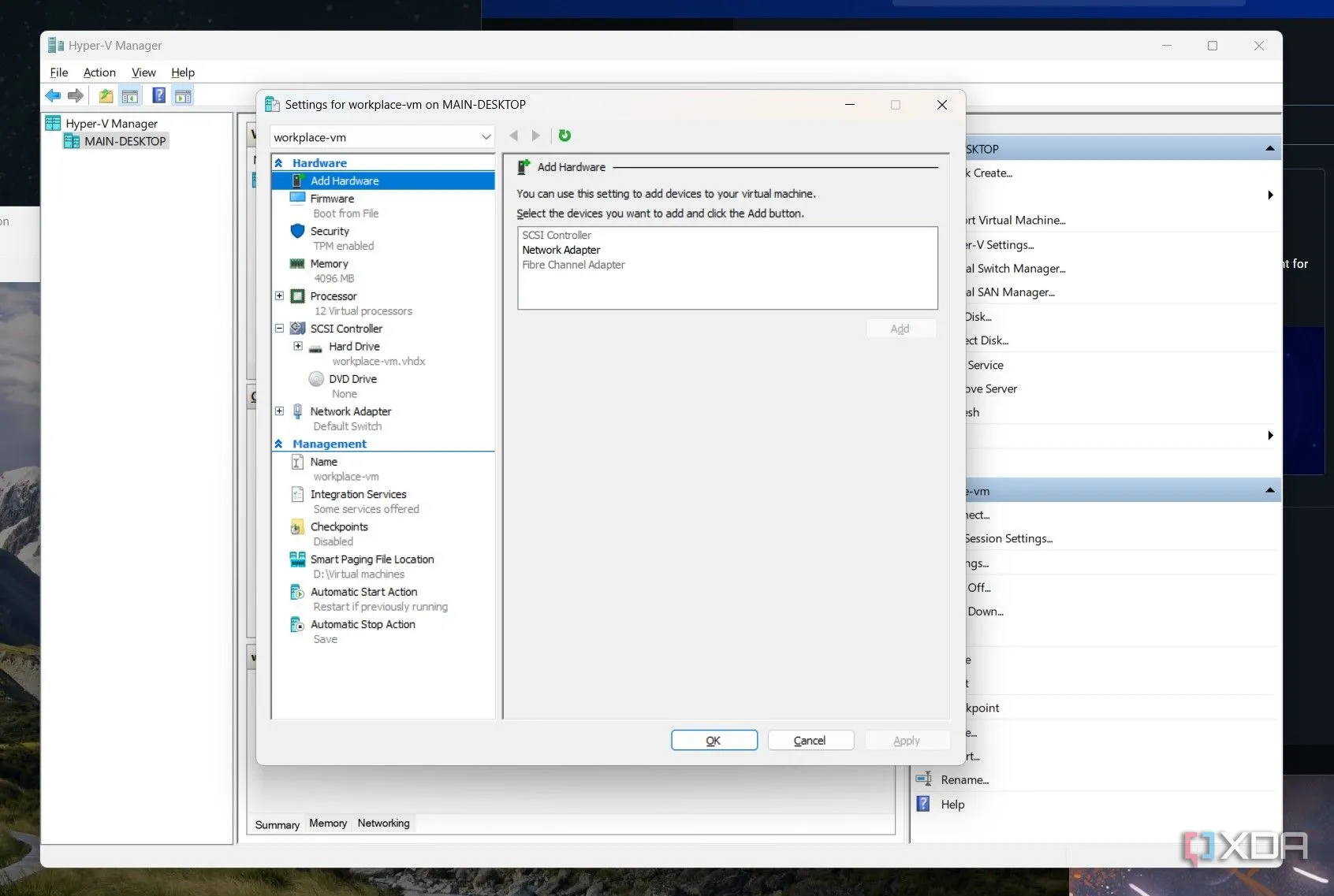 Trình chỉnh sửa máy ảo Hyper-V hiển thị các tùy chọn tùy chỉnh tài nguyên phần cứng, cho thấy sự linh hoạt của máy ảo