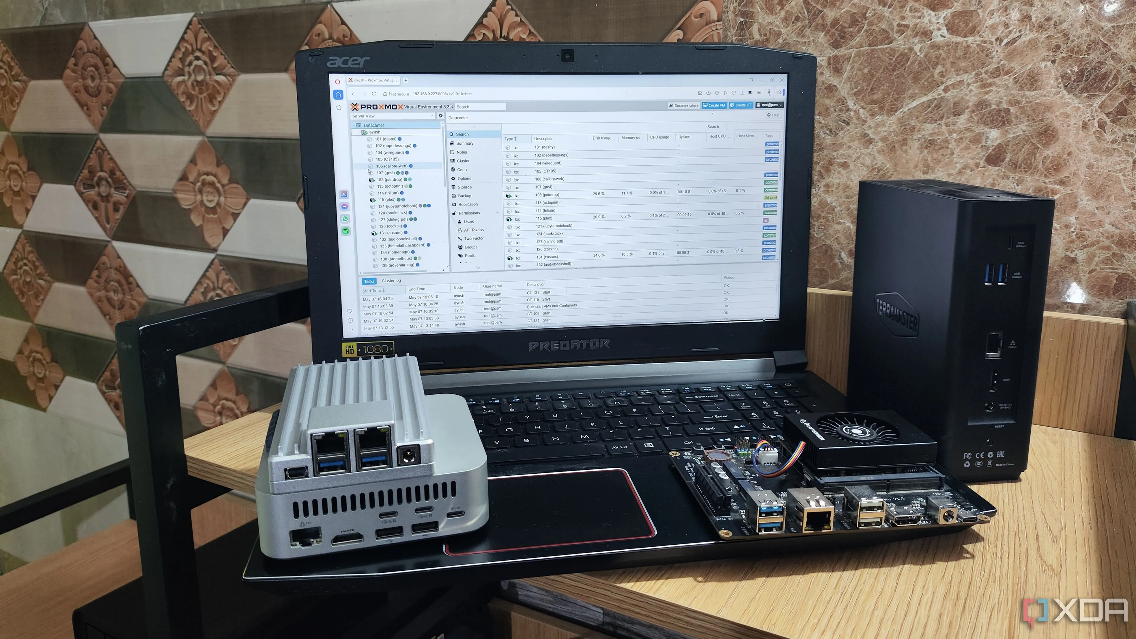 Truy cập giao diện web Proxmox trên laptop, minh họa việc quản lý home lab