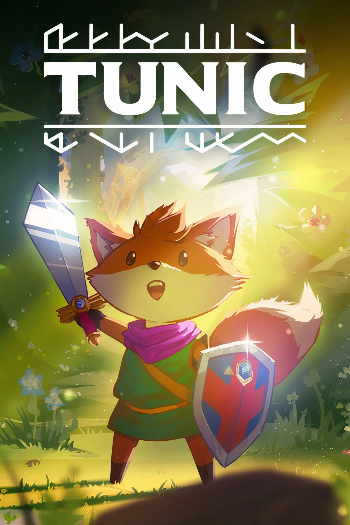 Tunic: Cáo nhân vật chính đứng trên một bệ đá với thanh kiếm trên tay, trong một thế giới isometric huyền ảo