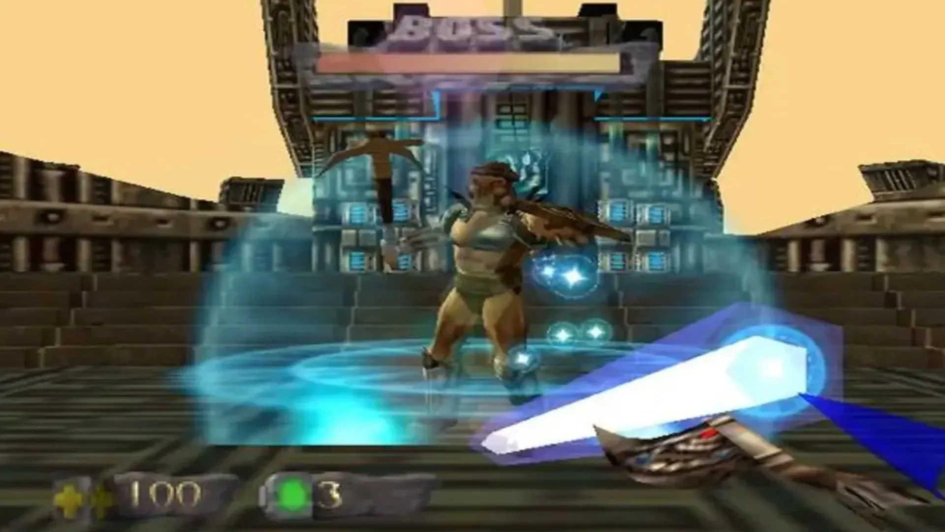 Turok sử dụng Chronoscepter, khẩu súng cổ đại mạnh mẽ trong Turok: Dinosaur Hunter, tiêu diệt khủng long.
