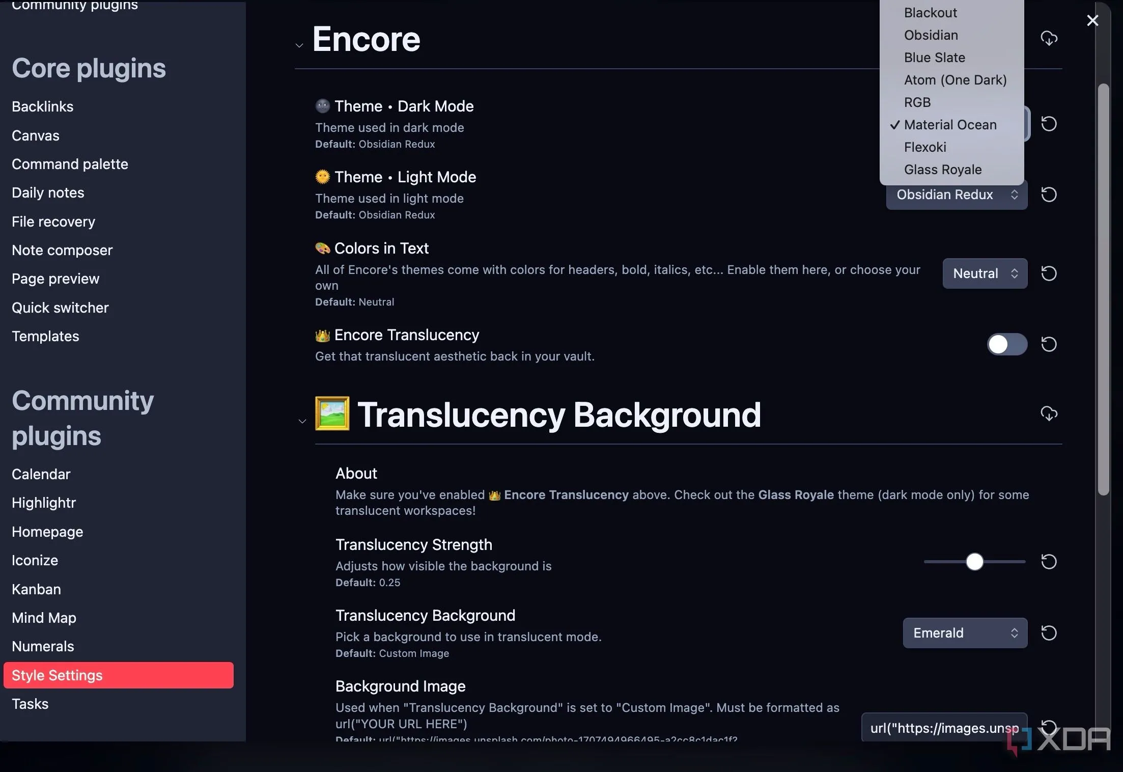Tùy chọn cài đặt chuyên sâu của chủ đề Encore trong plugin Style Settings, cho phép cá nhân hóa màu sắc và hiệu ứng