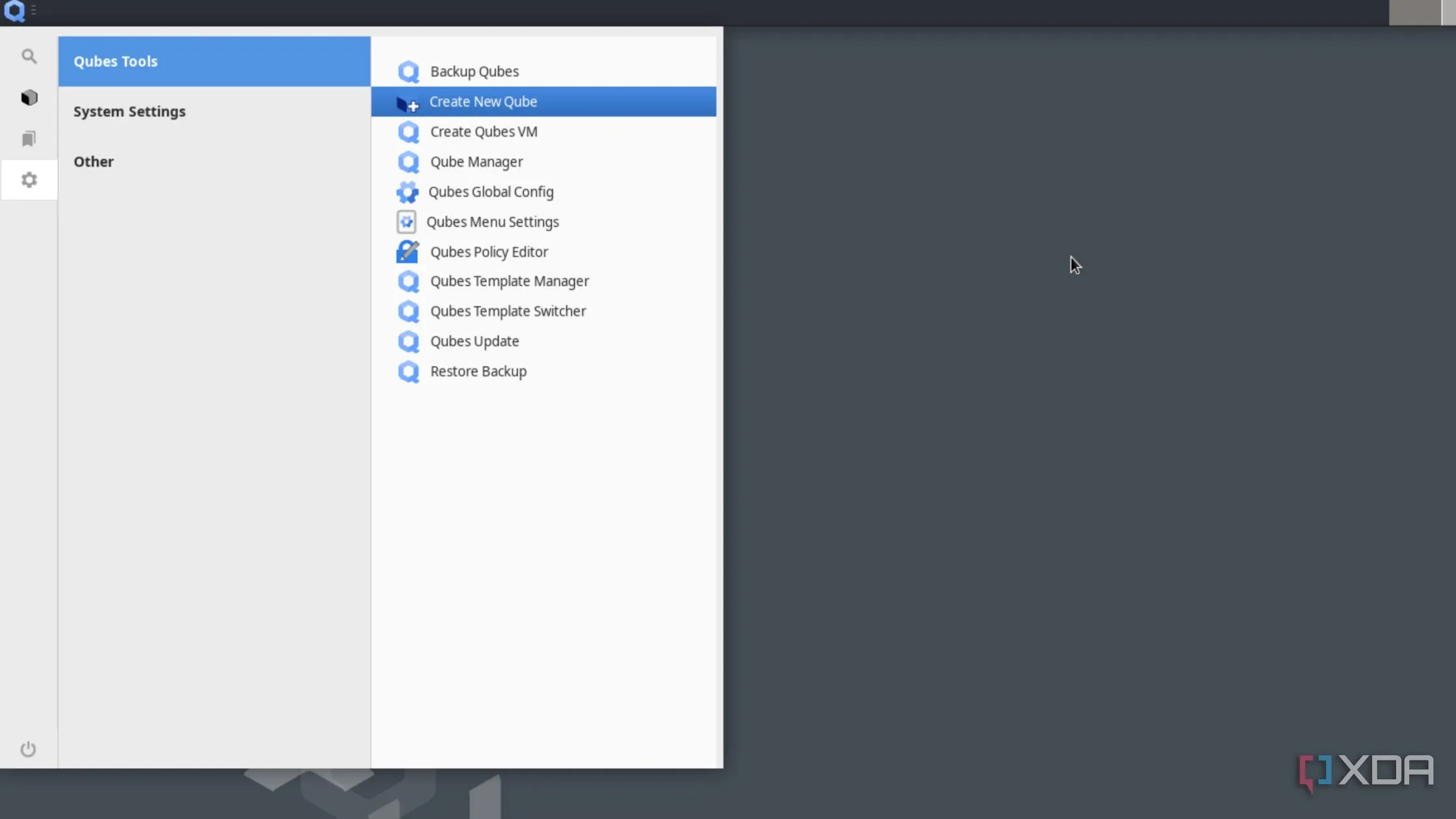 Tùy chọn &quot;Create New Qube&quot; để tạo môi trường cô lập mới trong Qubes OS