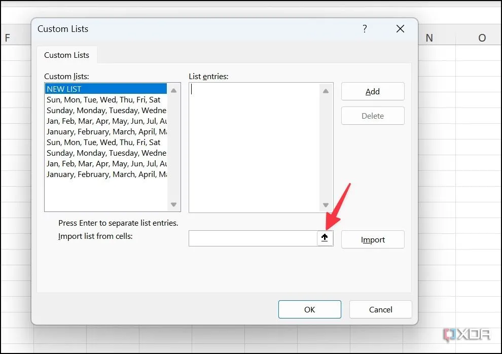 Tùy chọn nhập dữ liệu từ ô để tạo danh sách tùy chỉnh trong Excel