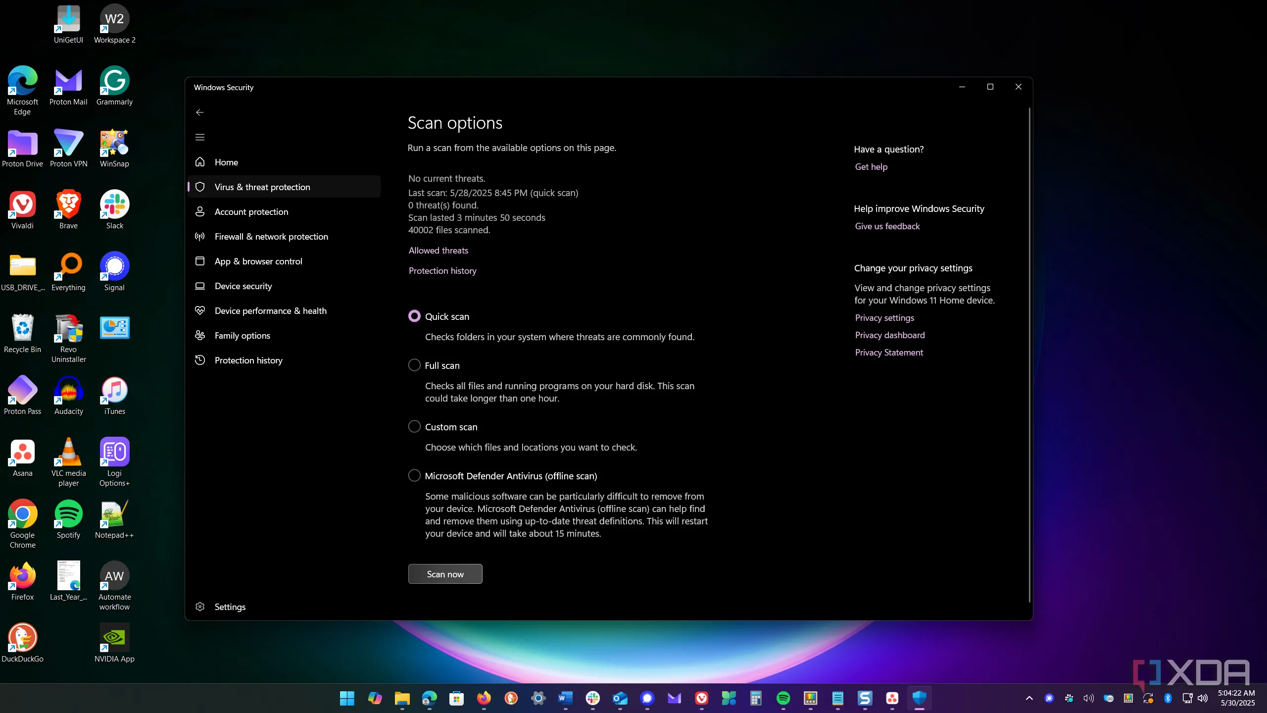 Tùy chọn quét ngay lập tức trong giao diện Windows Security