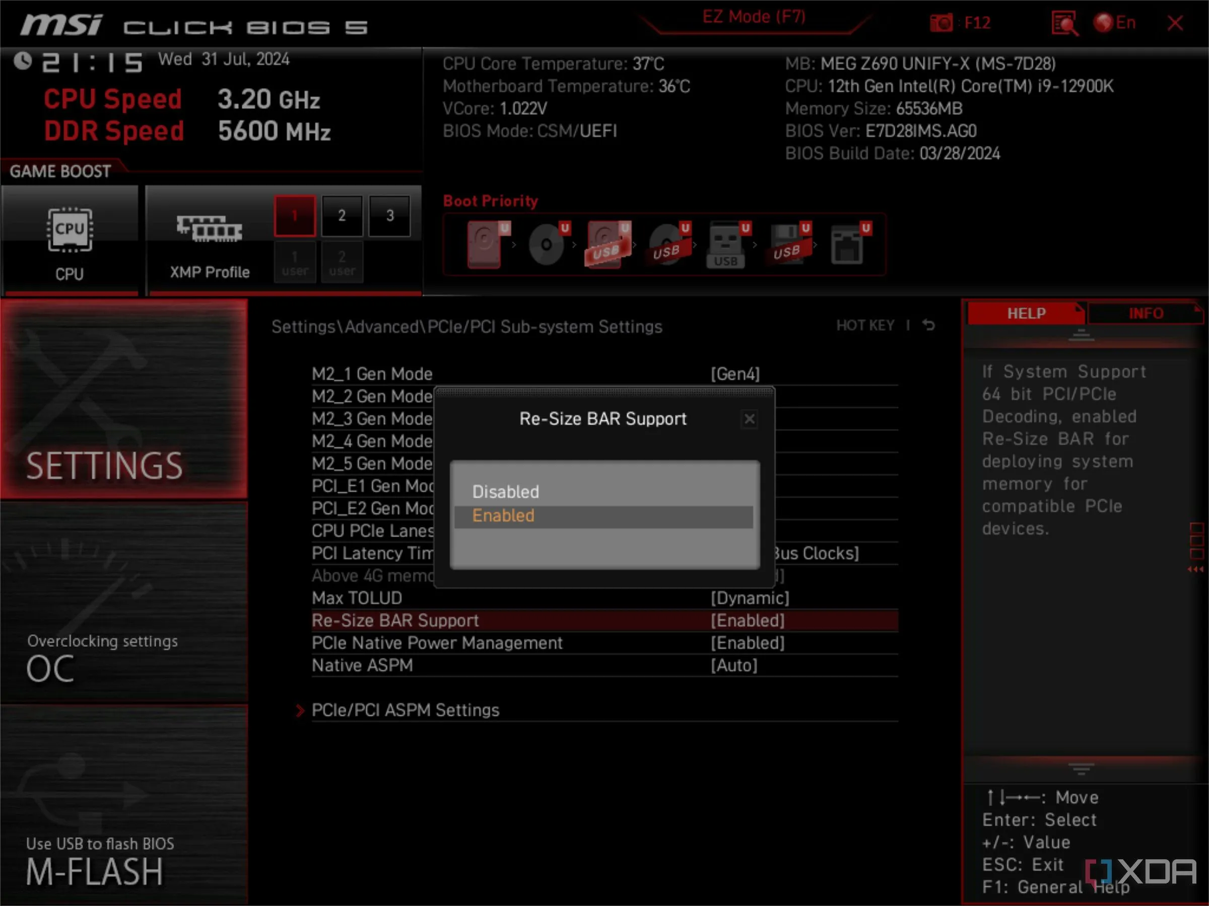 Tùy chọn Resizable BAR trong giao diện BIOS của MSI để tăng cường giao tiếp giữa CPU và VRAM GPU