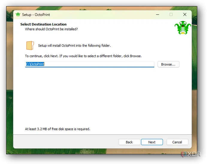 Tùy chọn thay đổi thư mục cài đặt cho OctoPrint trong quá trình thiết lập