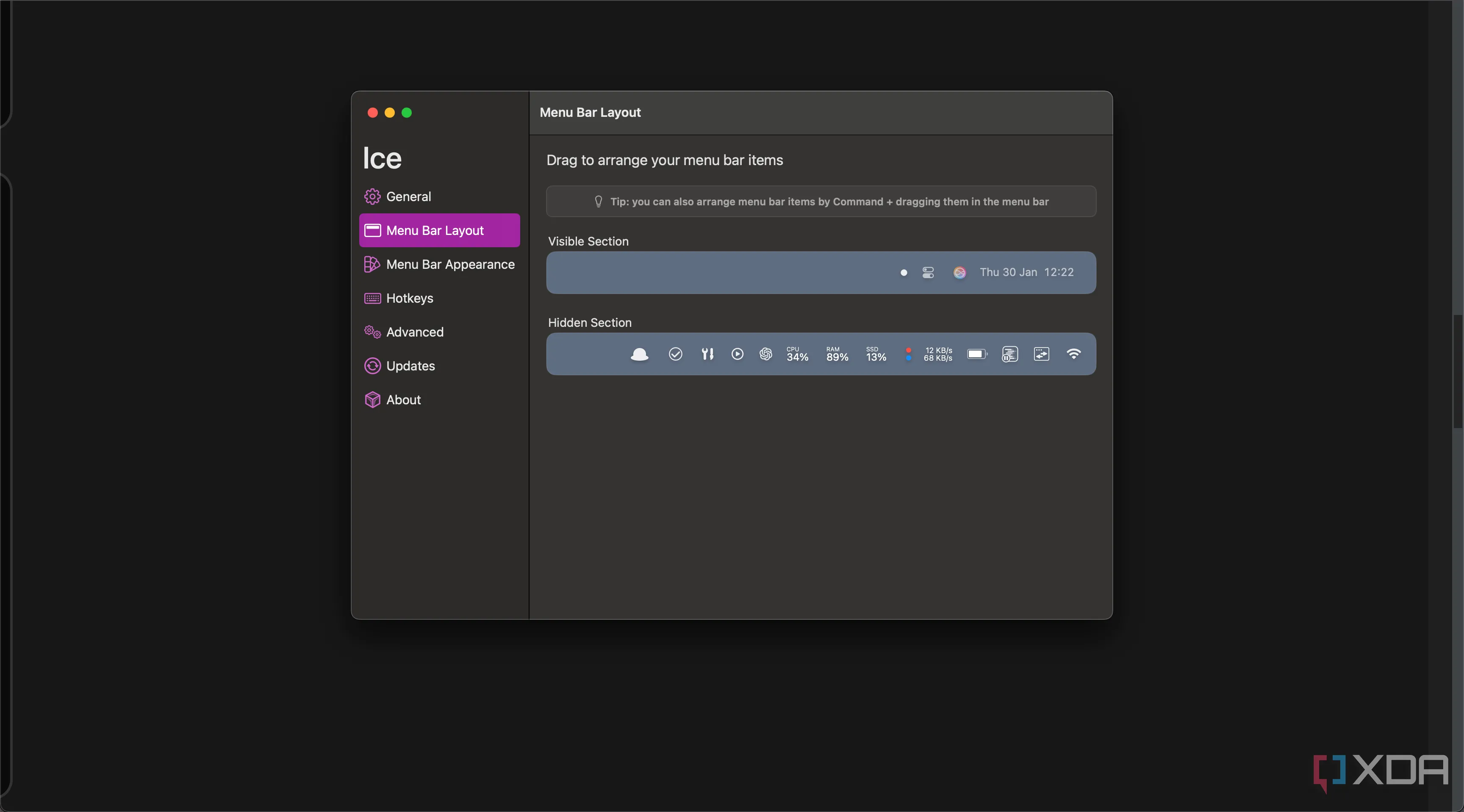 Ứng dụng Ice trên thanh menu macOS giúp tùy chỉnh và ẩn các biểu tượng