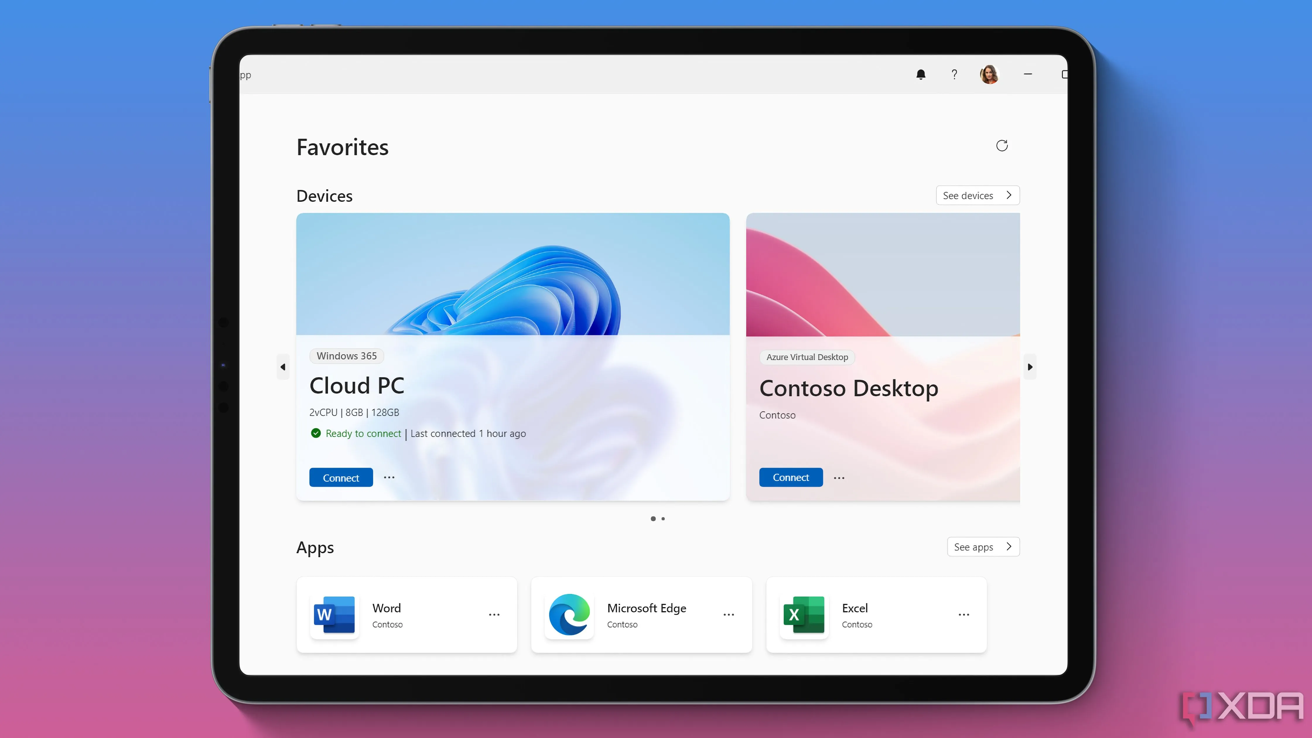 Ứng dụng Windows App của Microsoft đang chạy trên iPad Pro, hiển thị giao diện Desktop từ xa