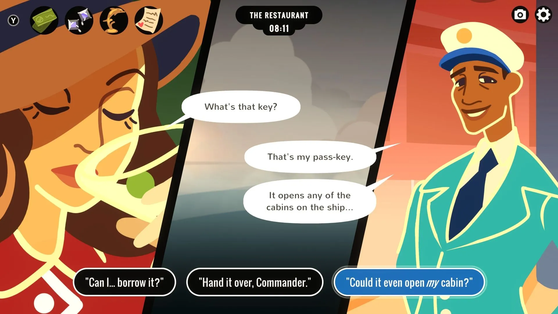 Veronica Villensey nói chuyện với Thuyền trưởng Anders trong game phá án Overboard