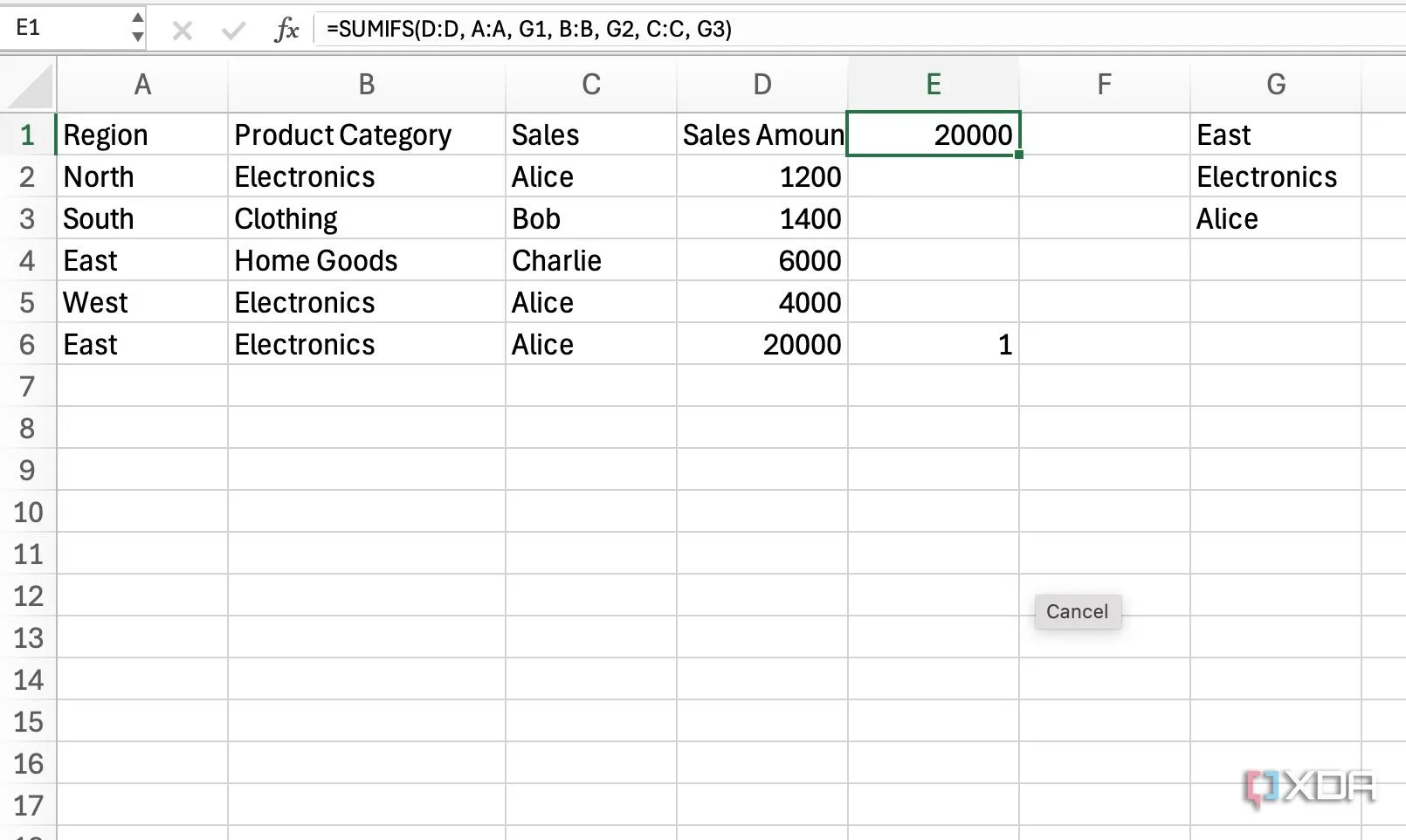 Ví dụ minh họa hàm SUMIFS trong Excel để tính toán doanh số có nhiều điều kiện