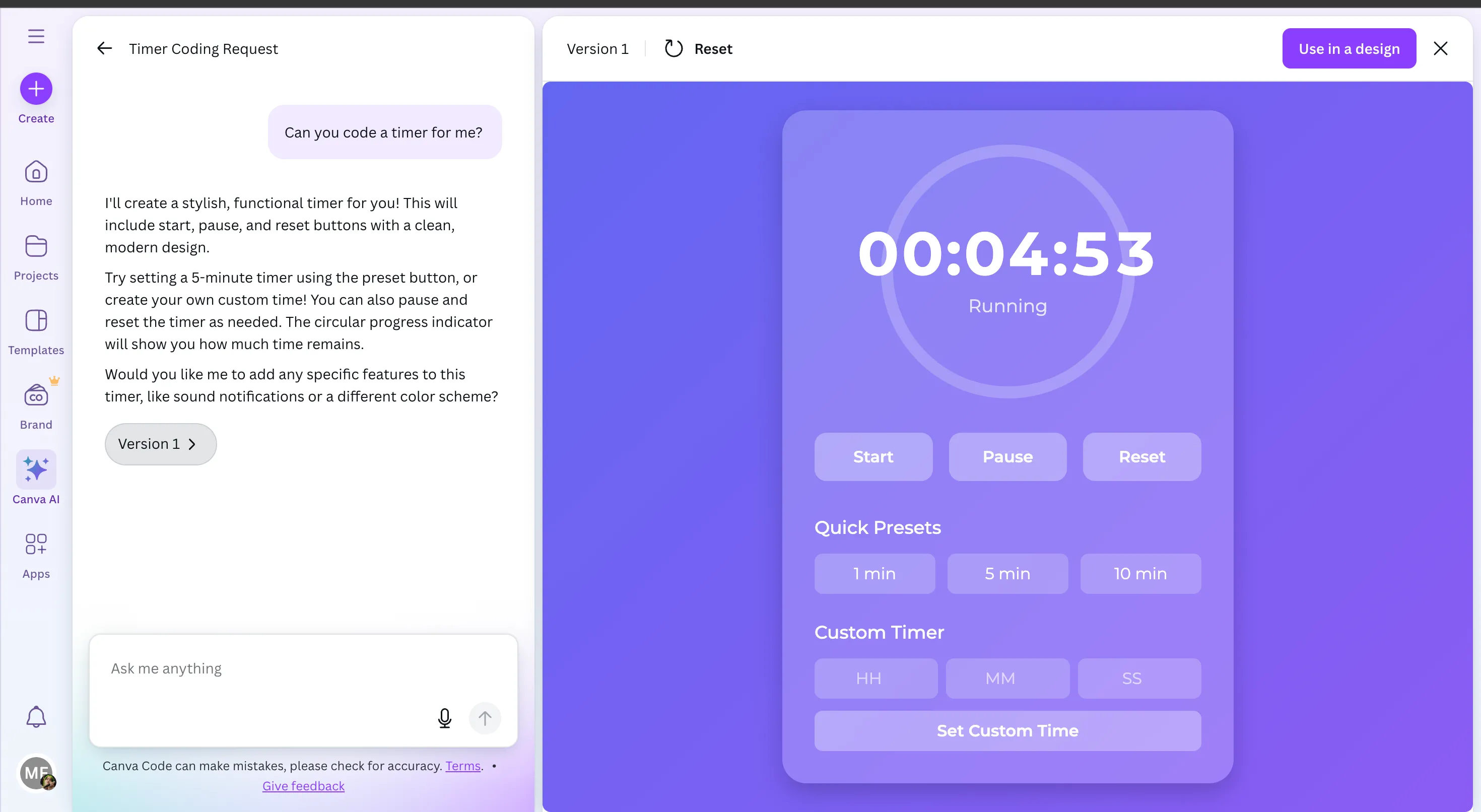 Ví dụ về bộ hẹn giờ màu tím được tạo bởi Canva Code thông qua AI