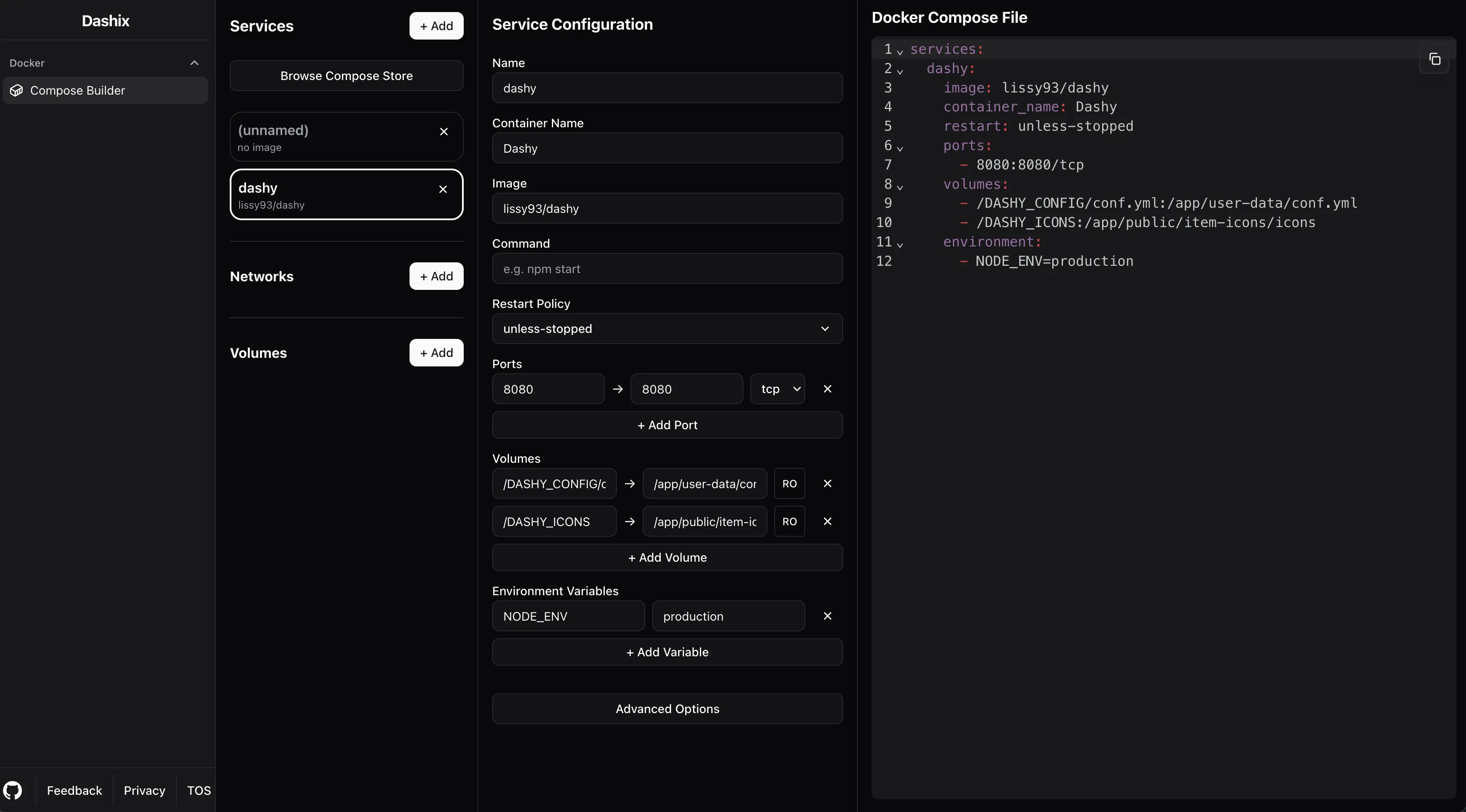 Ví dụ về file Docker Compose được tạo bởi Dashix cho các môi trường triển khai khác nhau