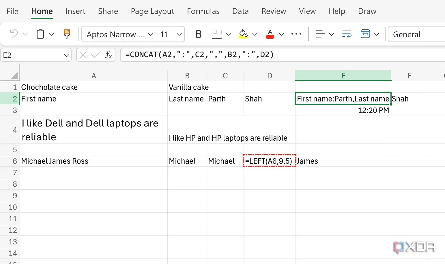 Ví dụ về hàm CONCAT trong Excel, một trong số nhiều hàm cần cân nhắc kỹ lưỡng khi sử dụng để đảm bảo hiệu suất tốt nhất