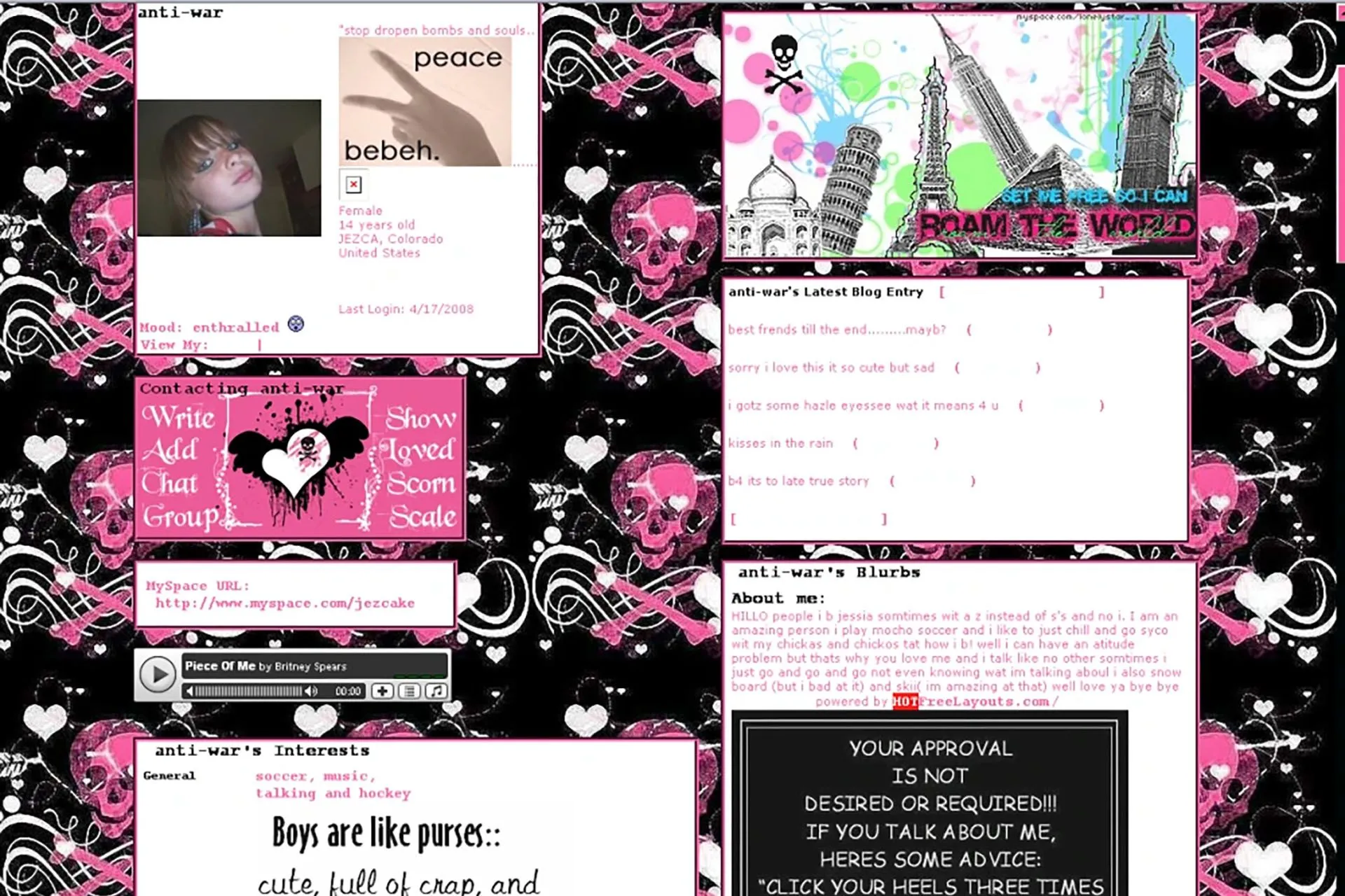 Ví dụ về hồ sơ tùy chỉnh trên MySpace trước khi thay đổi giao diện, thể hiện sự cá nhân hóa