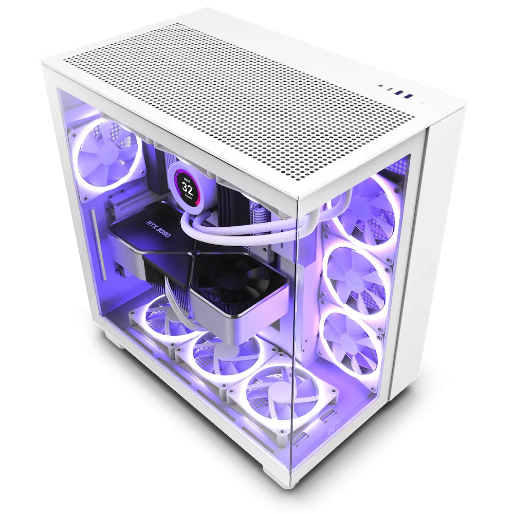 Vỏ case NZXT H9 Flow màu trắng với thiết kế buồng đôi, mặt kính cường lực, thể hiện sự cao cấp và khả năng hiển thị linh kiện PC