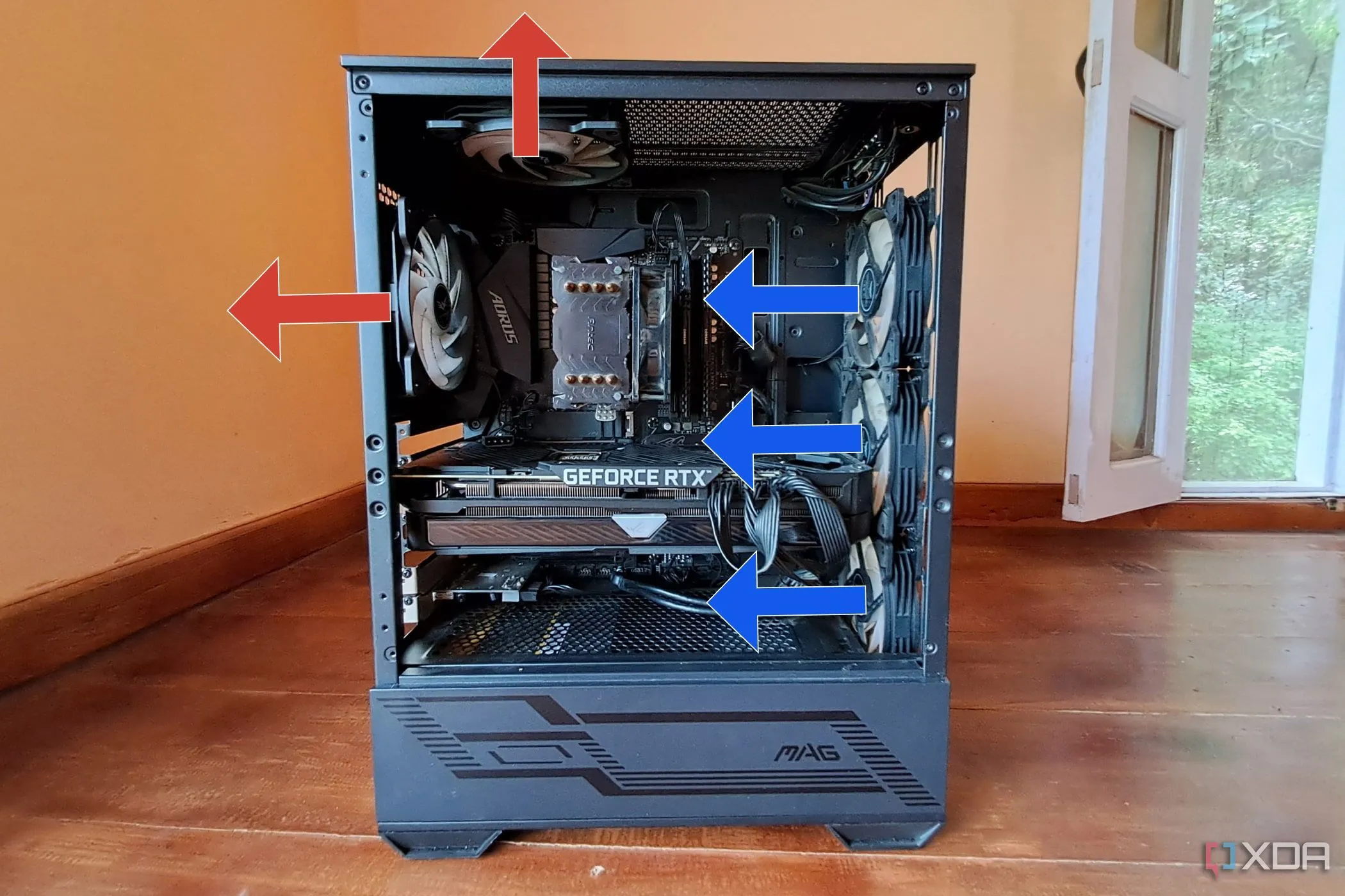 Vỏ máy tính MSI MAG Forge 110R với ba quạt hút khí và hai quạt đẩy khí, minh họa cấu hình quạt tản nhiệt bên trong PC.