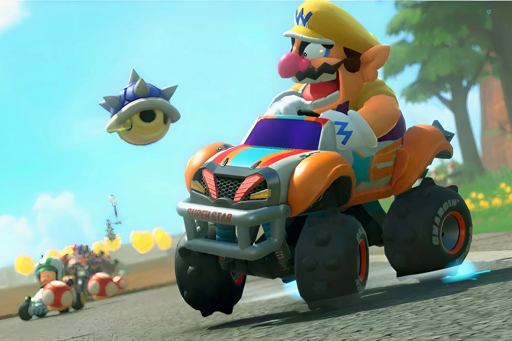 Wario tức giận nhìn Mai Xanh (Blue Shell) đang bay tới trong game Mario Kart, vật phẩm gây ức chế hàng đầu.