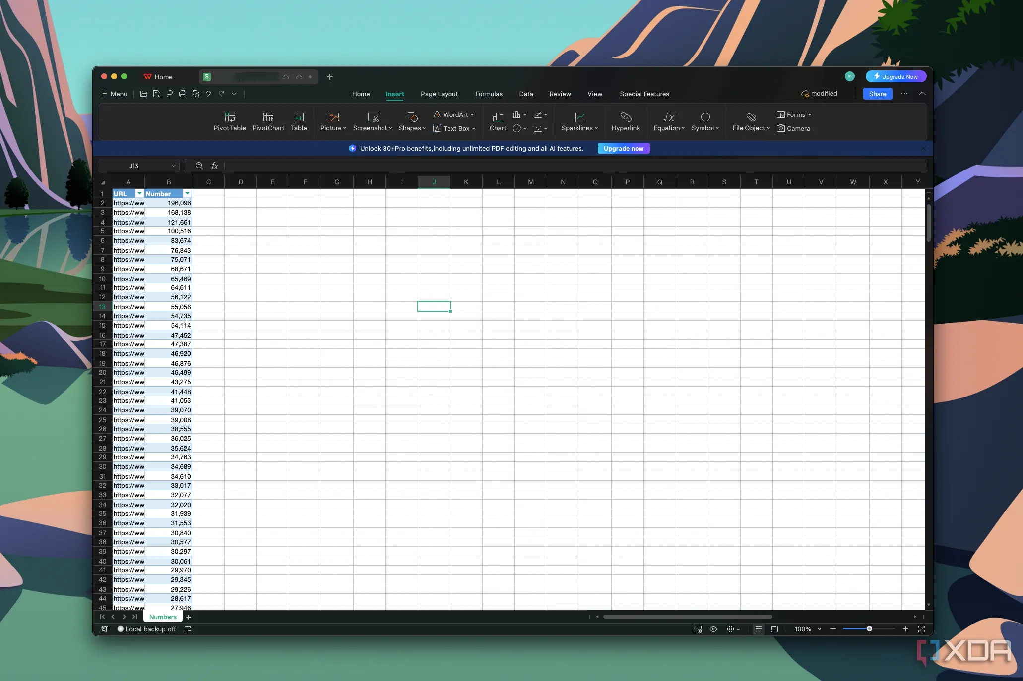 WPS Office hiển thị một tệp CSV với dữ liệu số được sắp xếp