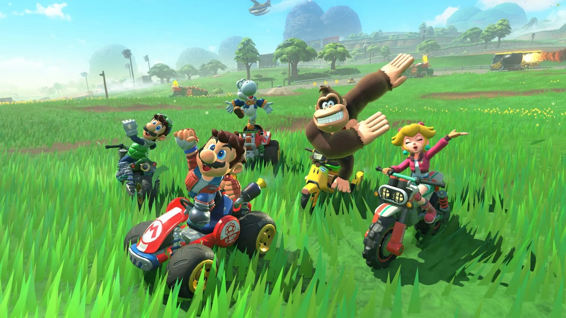 Yoshi thực hiện cú drift điêu luyện trên đường đua rực rỡ của Mario Kart World