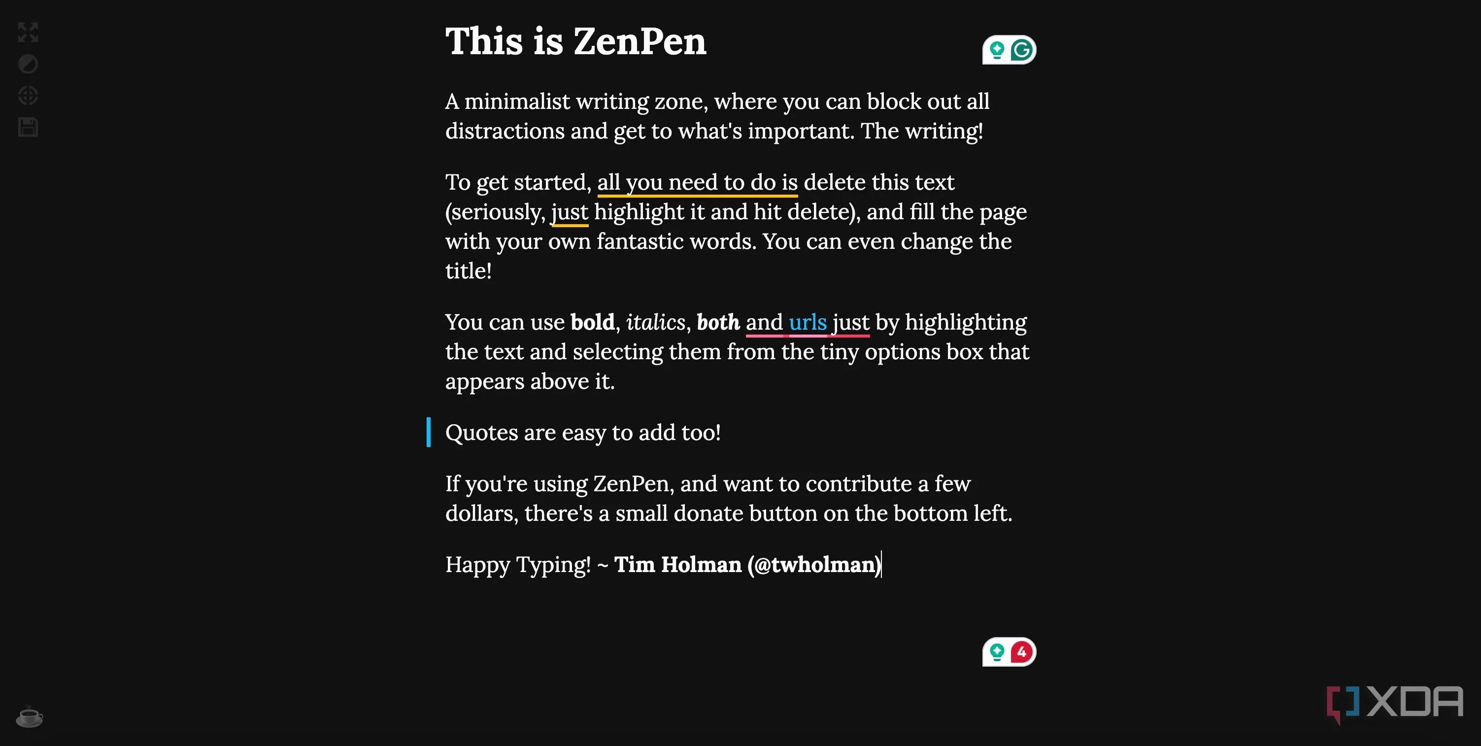 ZenPen chạy trên trình duyệt Chrome với chế độ toàn màn hình